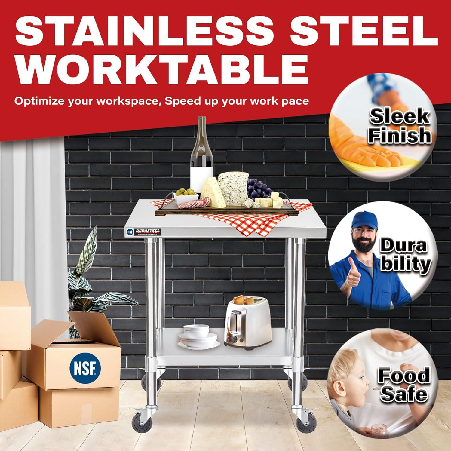 Stainless Steel Movable Table Cart with Adjustable Under Shelf - NSF Certified