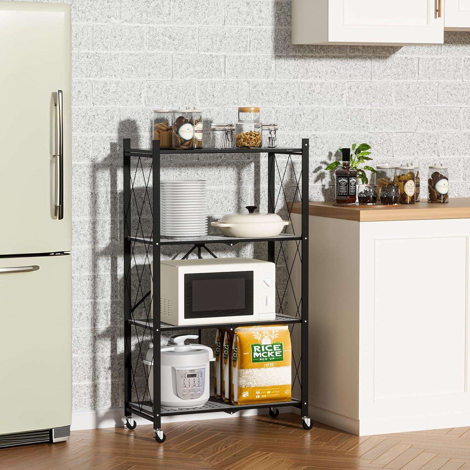 3-Tier Storage Shelves with Wheels, Folding Bookshelf No Assembly, Metal Display Shelf for Balcony, Kitchen, Basement, Pantry, White