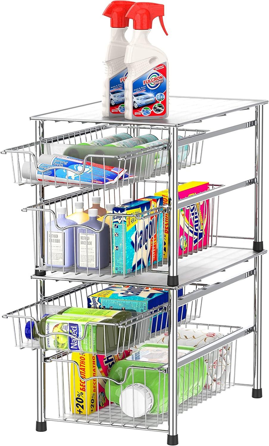 Chrome Stackable 2-Tier Sliding Basket Organizer