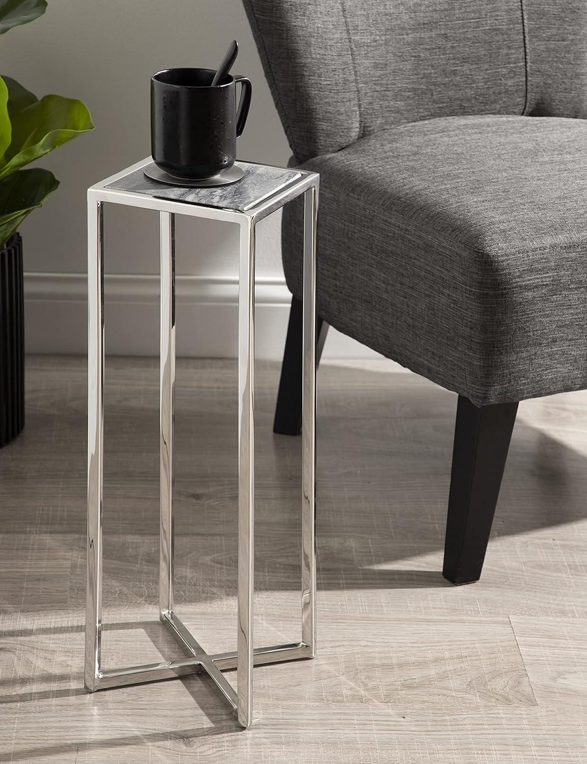 Jaspur Gray Marble and Silver Metal Square Drink Table