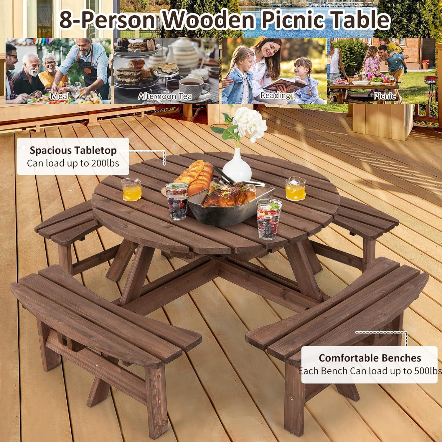 70" Brown Wooden Round Picnic Table with Built-In Benches