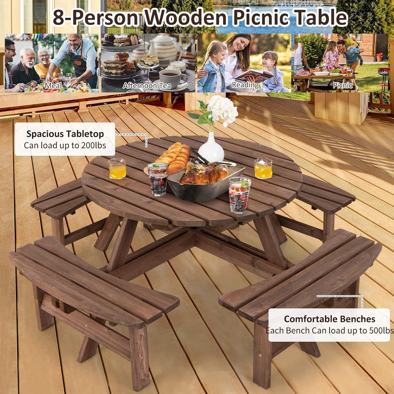Tangkula 8 Person Wood Picnic Table, Outdoor Round Picnic Table with 4 Built-in Benches, Umbrella Hole, Outside Table and Bench Set for Garden, Backyard, Porch, Patio, 500lbs Capacity Per Bench