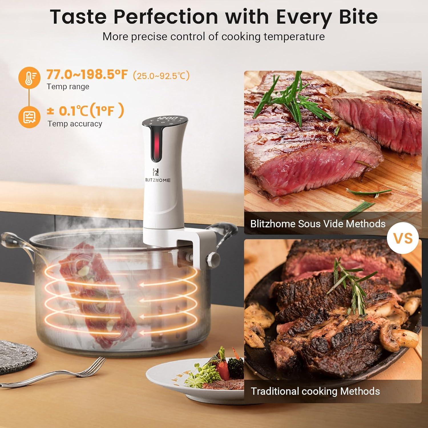 BlitzHome 1100W Sous Vide Cooker with Temperature Setting, Timer, Breath Light Reminder Function