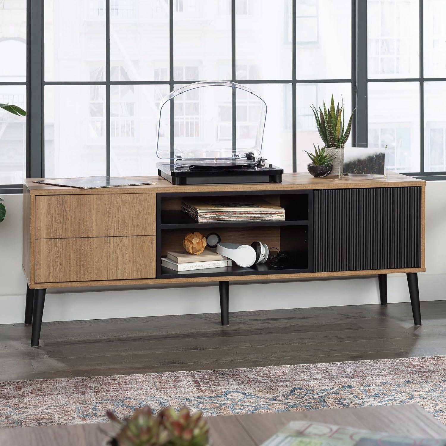 Serene Walnut and Black Modern TV Credenza with Cabinet