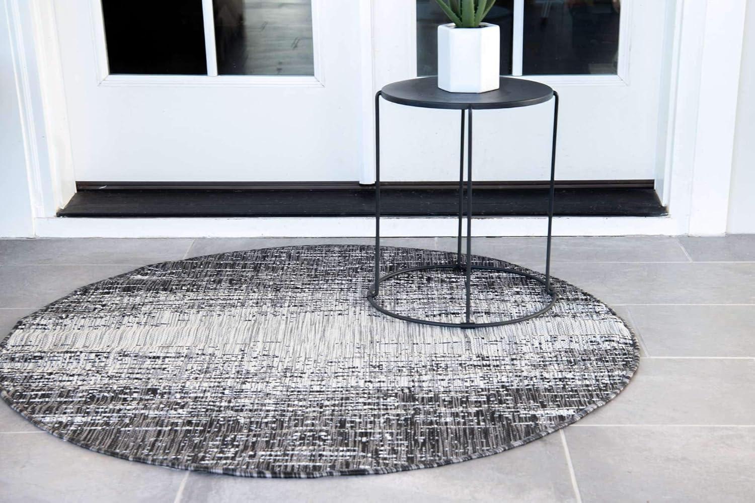 Charcoal Gray Round Abstract Outdoor Area Rug