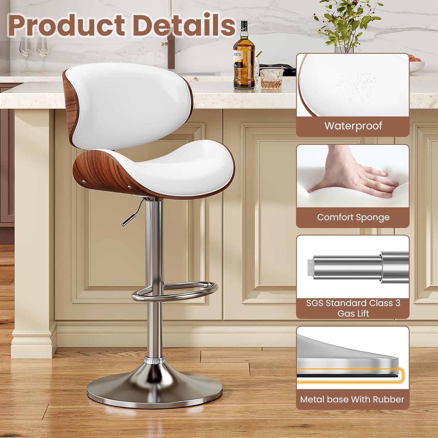 Fijinhom Bar Stools Set of 2, Adjustable Swivel Barstools with Bentwood Back & Leather Seat for Kitchen, Bar, Dining Room