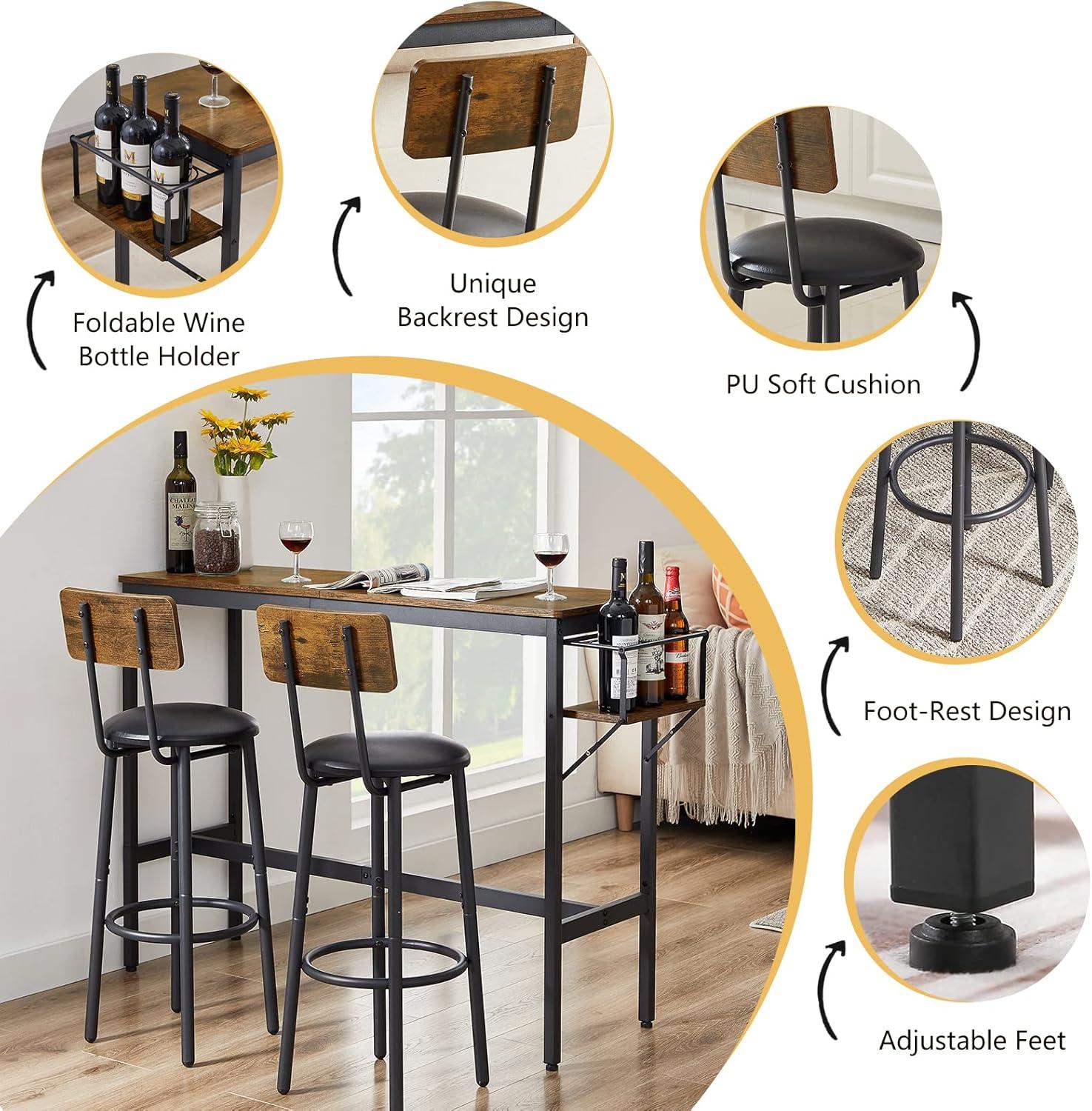 Table and Chair Set for 2  3-Piece Dining Table Set w/Folding Wine Rack   Table &2 PU Soft Stools w/Back  Counter Height Table and Chairs for Home  (Brown  47.2)