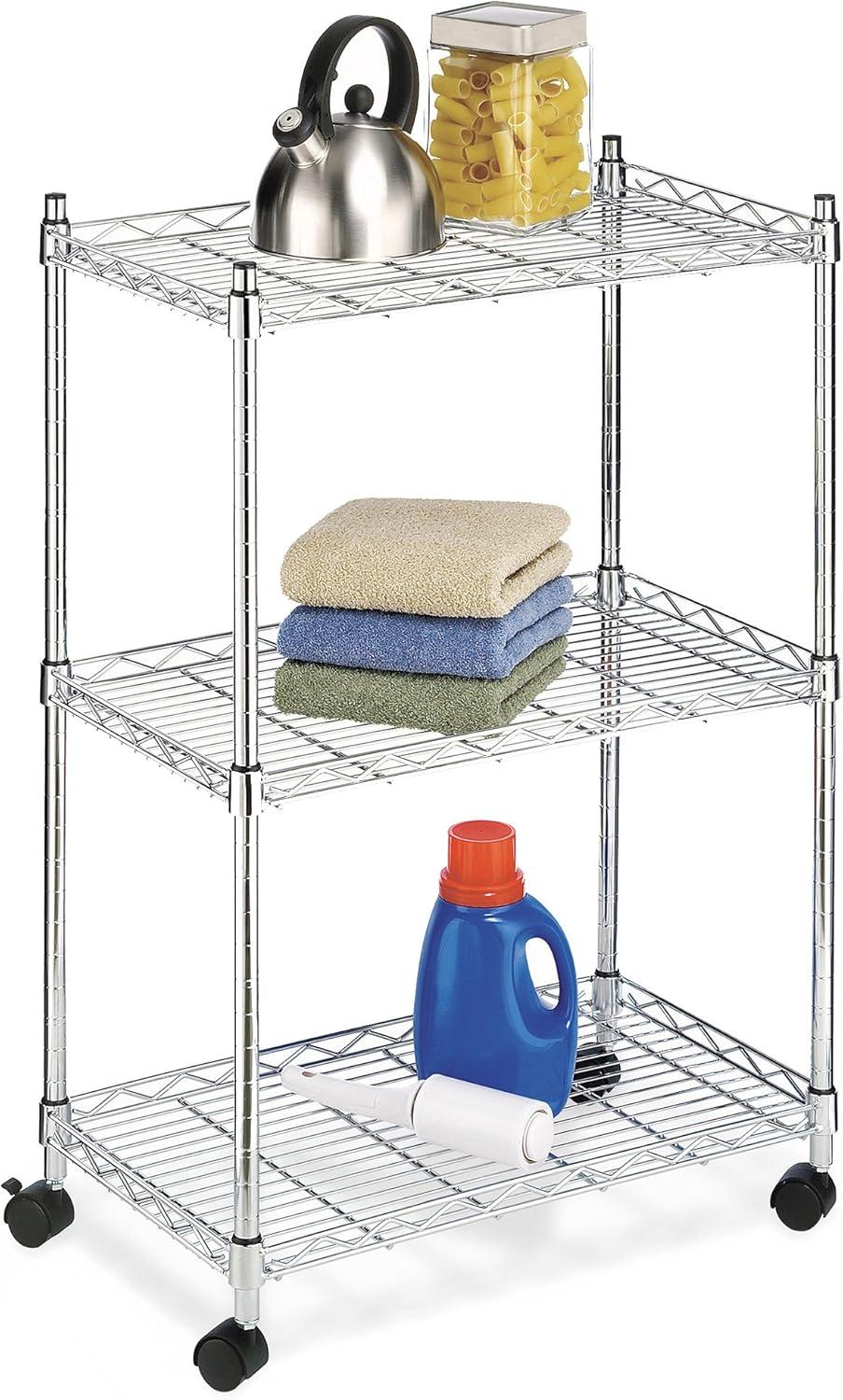 Whitmor Supreme 3-Tier Rolling Utility Organizer Cart - 250 lb. per Shelf Capacity - Chrome