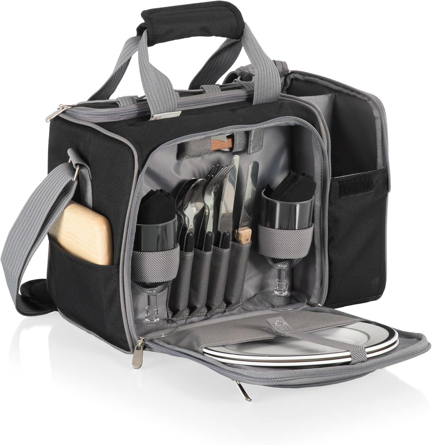 Black and Gray Insulated Picnic Tote with Picnic Set