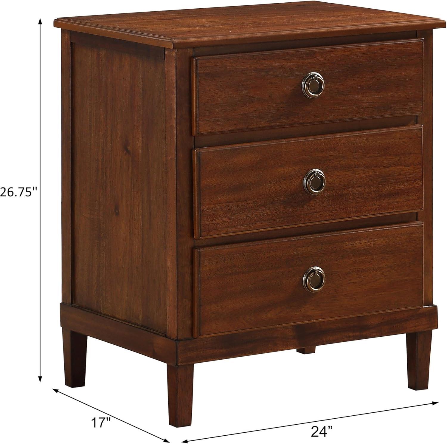 Comfort Pointe Cambridge Nightstand Brown: Elegant 3-Drawer Storage, Metal Hardware, No Assembly Required