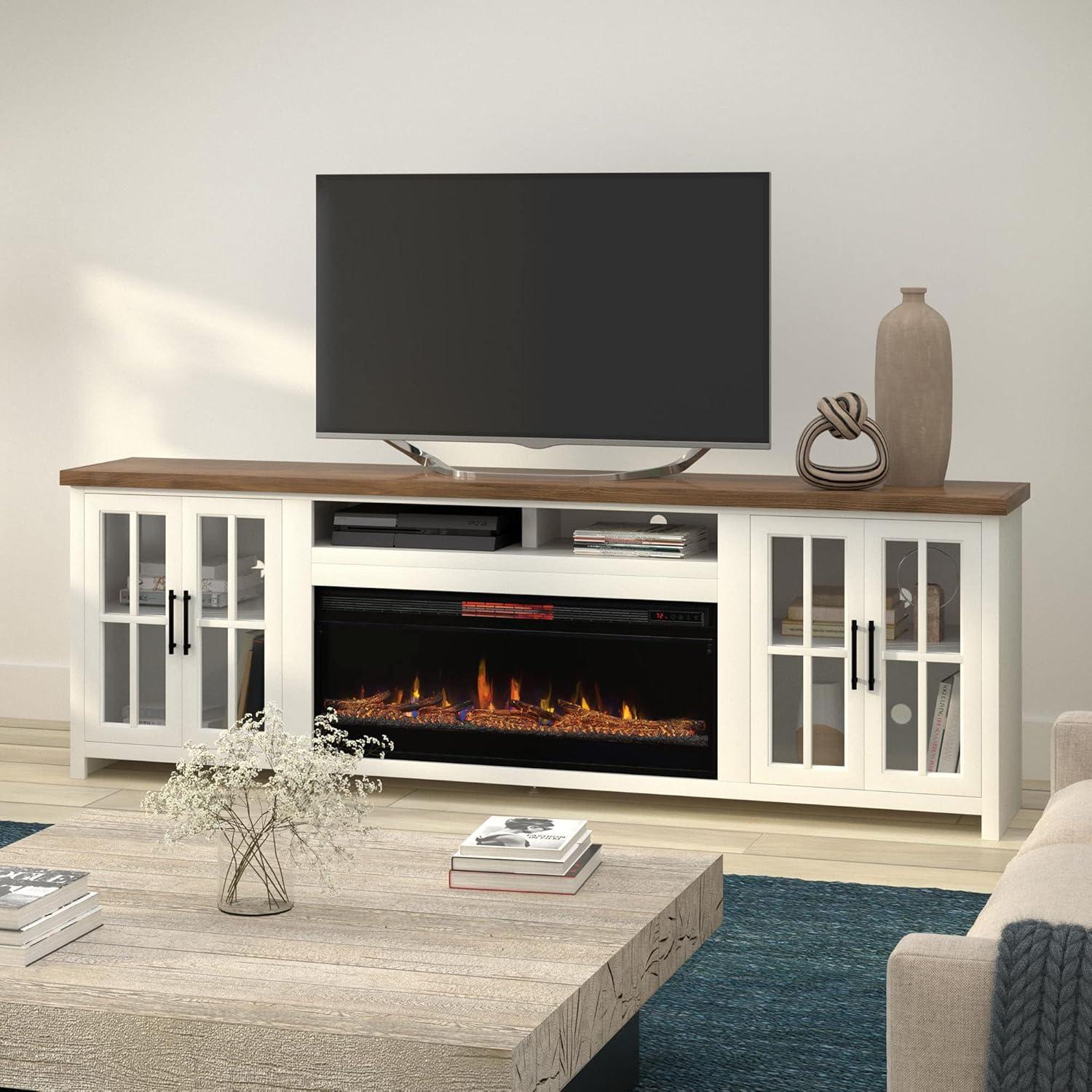 Hampton 97" White Wood Fireplace TV Stand with Cabinets
