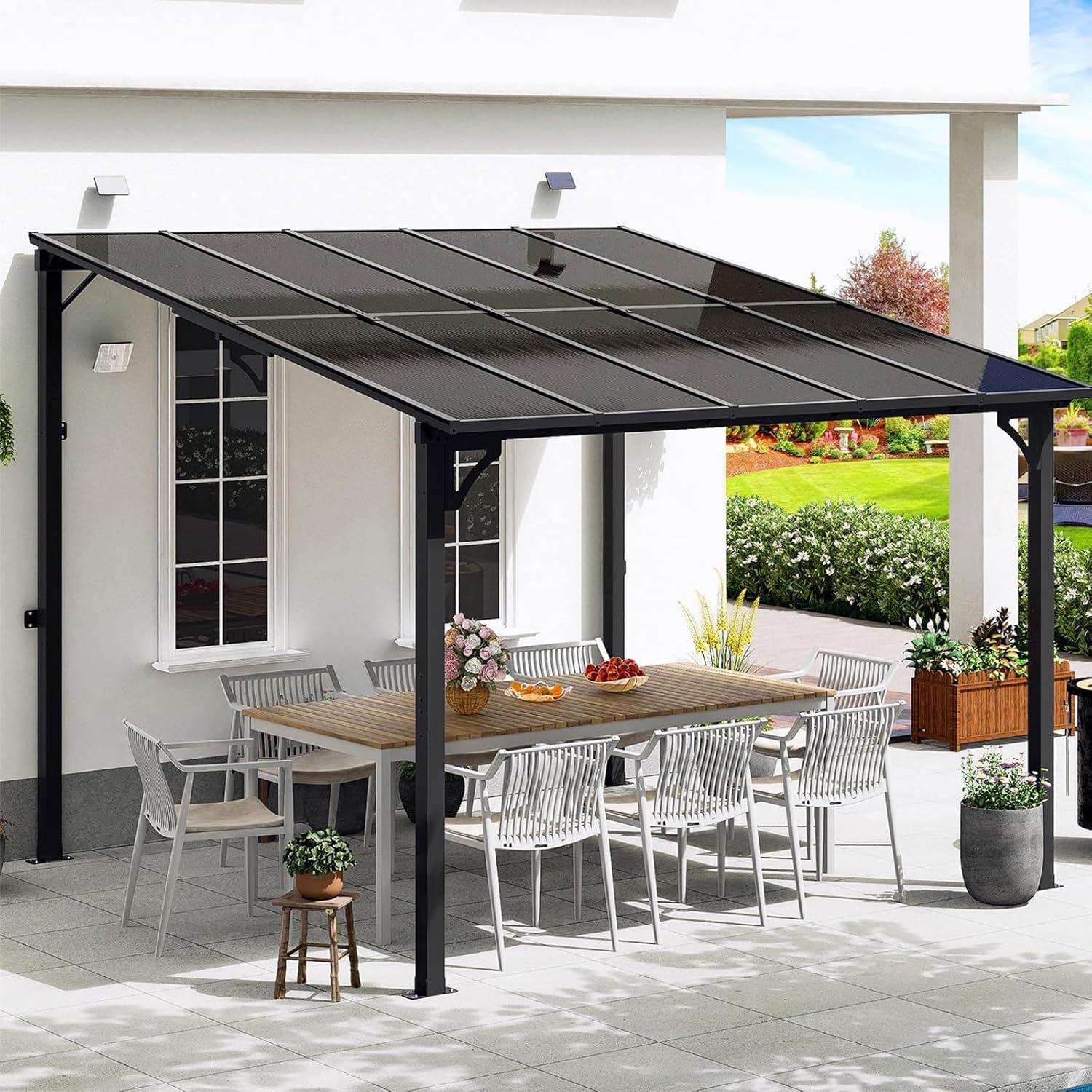 MEISSALIVVE 10' X 12' Gazebo, Wall Mounted Gazebo, Lean To Metal Awnings Gazebos, Gazebo Pergola With Sloped Roof, Outdoor Patio Gazebo Awning For Backyard, Deck