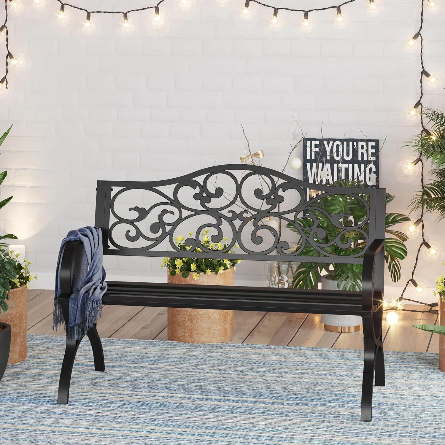 QSHIMY Patio Garden Bench 50 inch Outdoor Metal Loveseat Chairs with Armrests Slatted,Easy to Assemble,Sturdiness,Perfect for Outdoors,Black