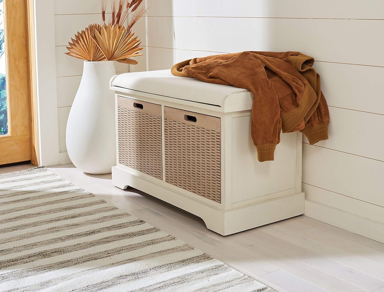 Landers 2 Drawer/Cushion Storage Bench - Distressed White - Safavieh