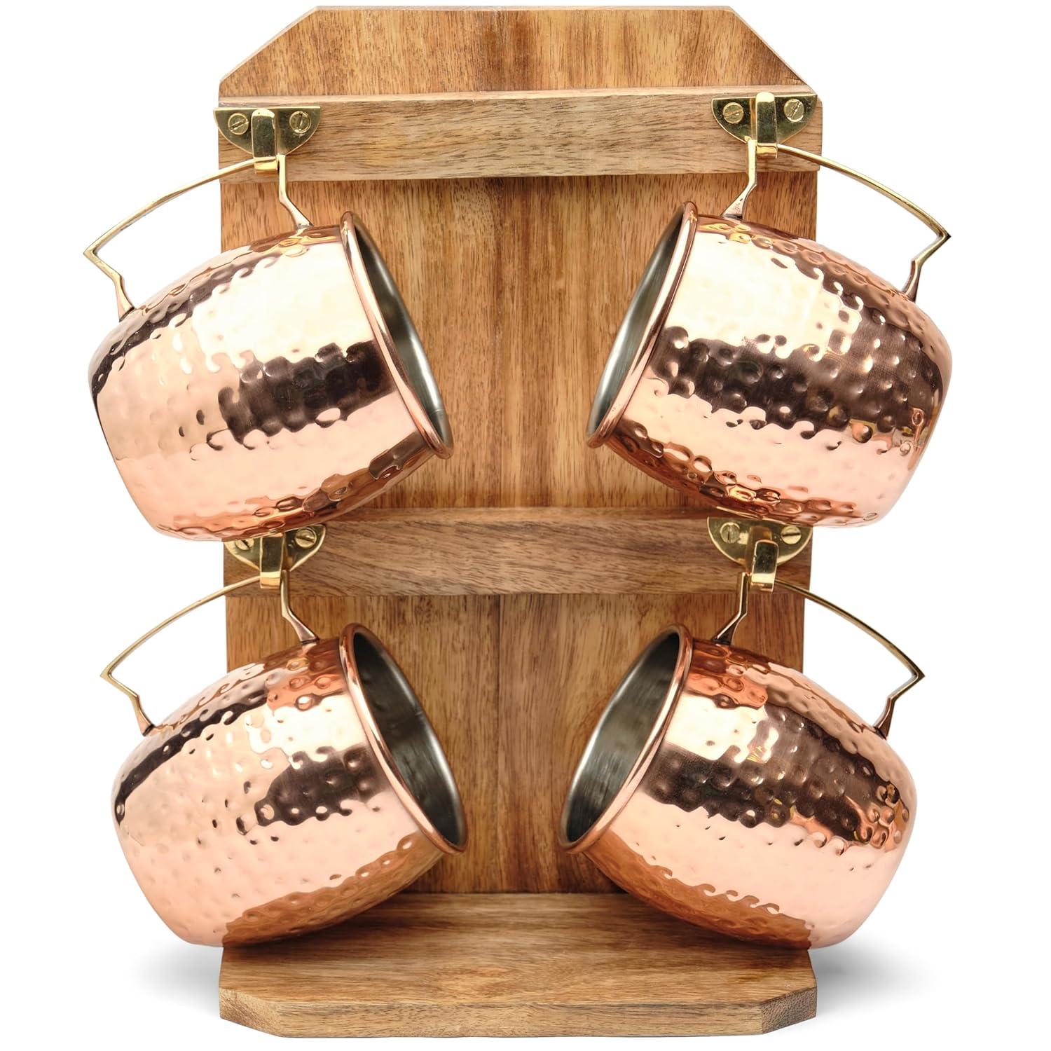 Moscow Mule Mugs | Stainless Steel with Copper Finish | Large 18 Oz Capacity | Set of 4 Mugs | Bonus Solid Wood Mug Stand with Brass Hooks