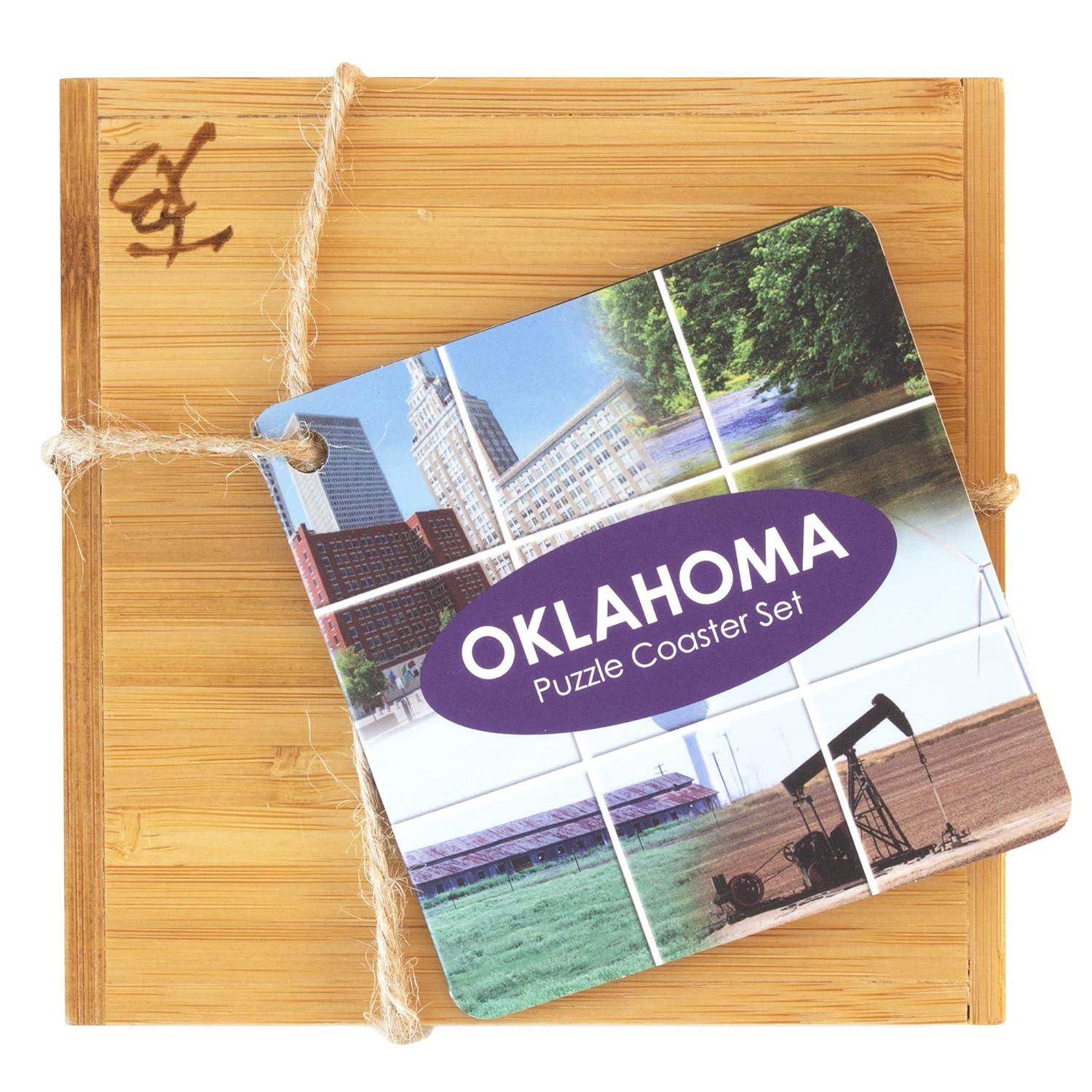 Oklahoma State Puzzle Bamboo Coaster Set with Case