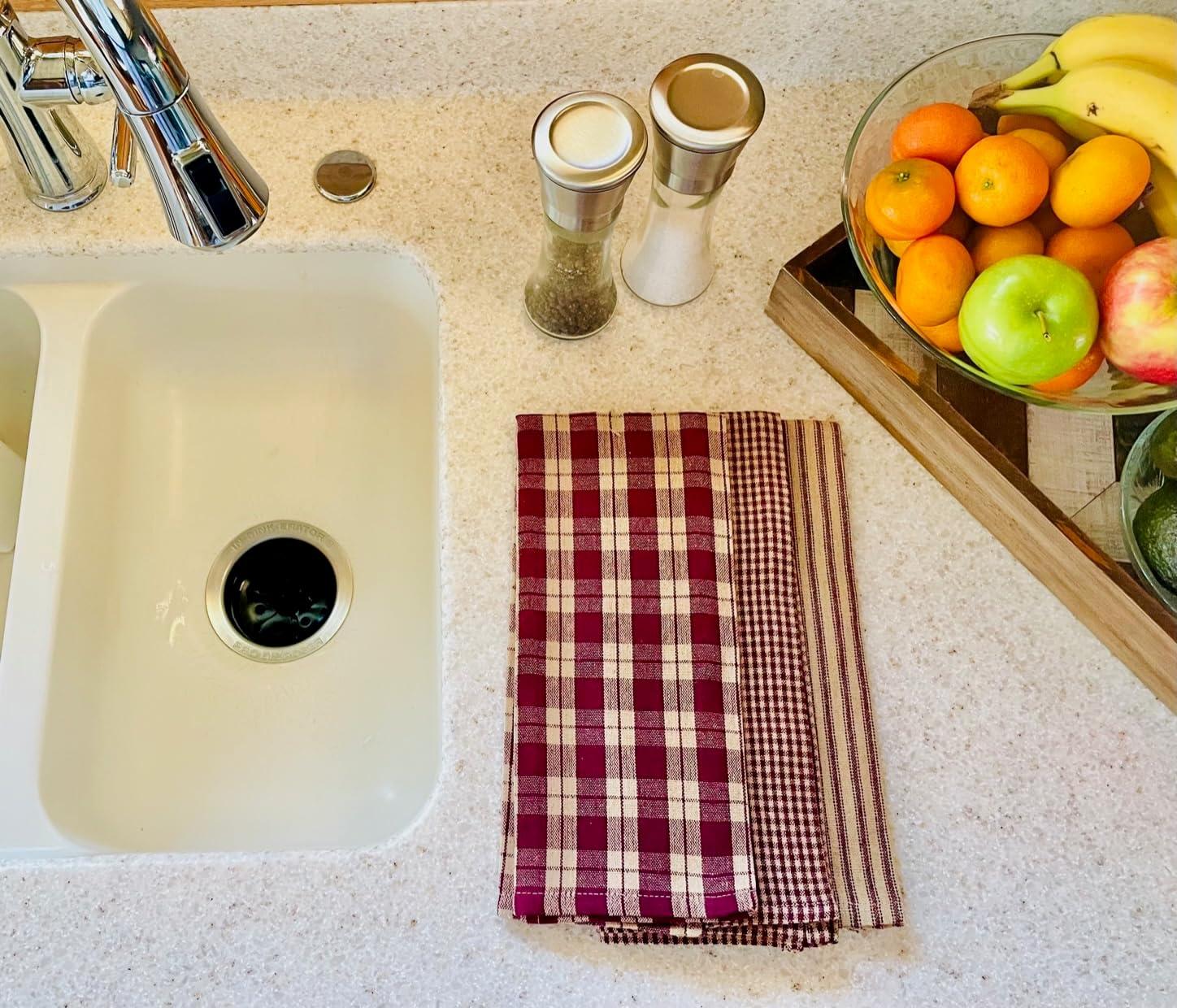 Antique Burgundy and Tan Cotton Checkered Kitchen Towels Set