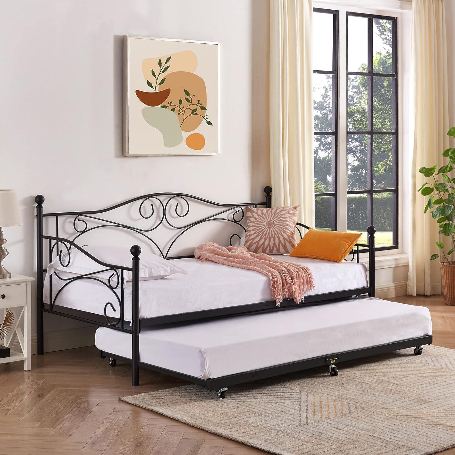 Black Twin Metal Daybed Frame with Headboard and Slats