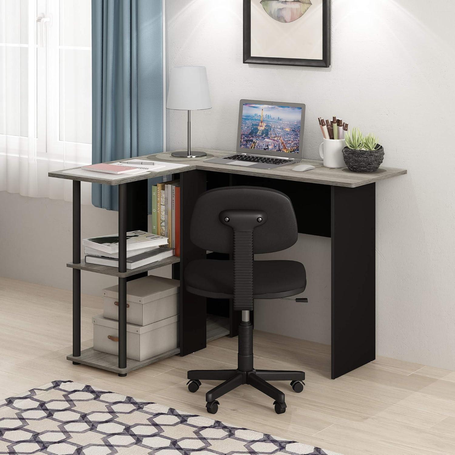 Furinno Abbott Wood L-Shape Desk with Bookshelf in French Oak Gray/Black