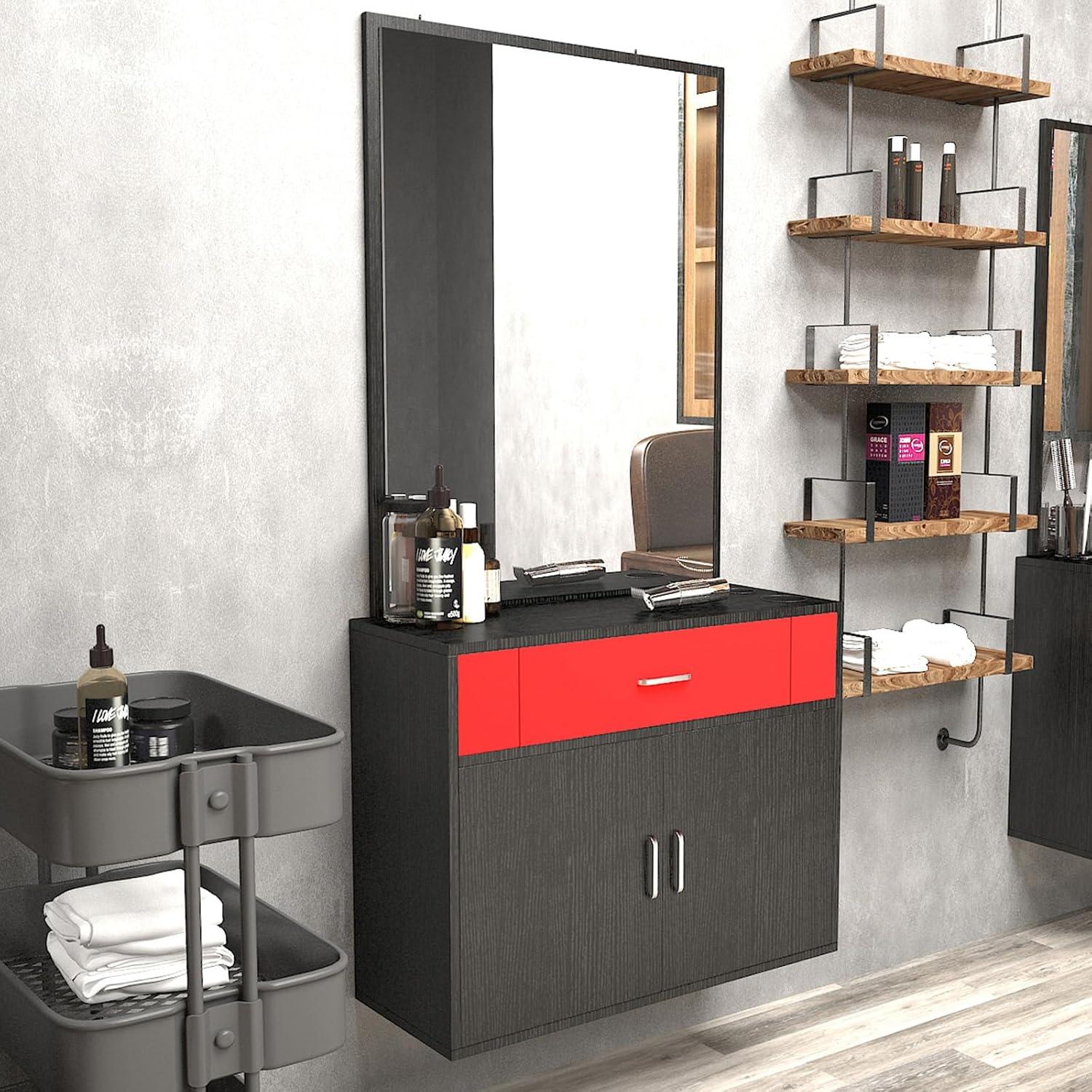 Artist Hand Wall Mount Salon Barber Station Styling Beauty Spa with Mirror, Left Shelf (Black)