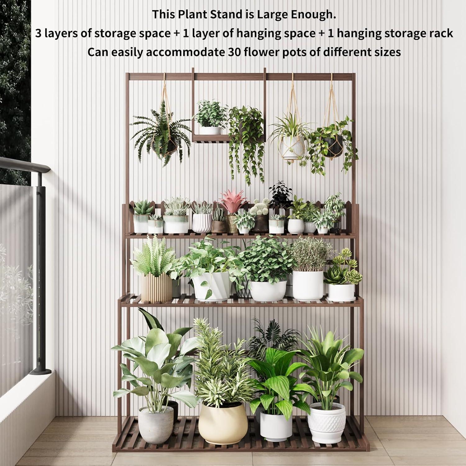 Natural Bamboo 3-Tier Hanging Plant Stand with Shelves