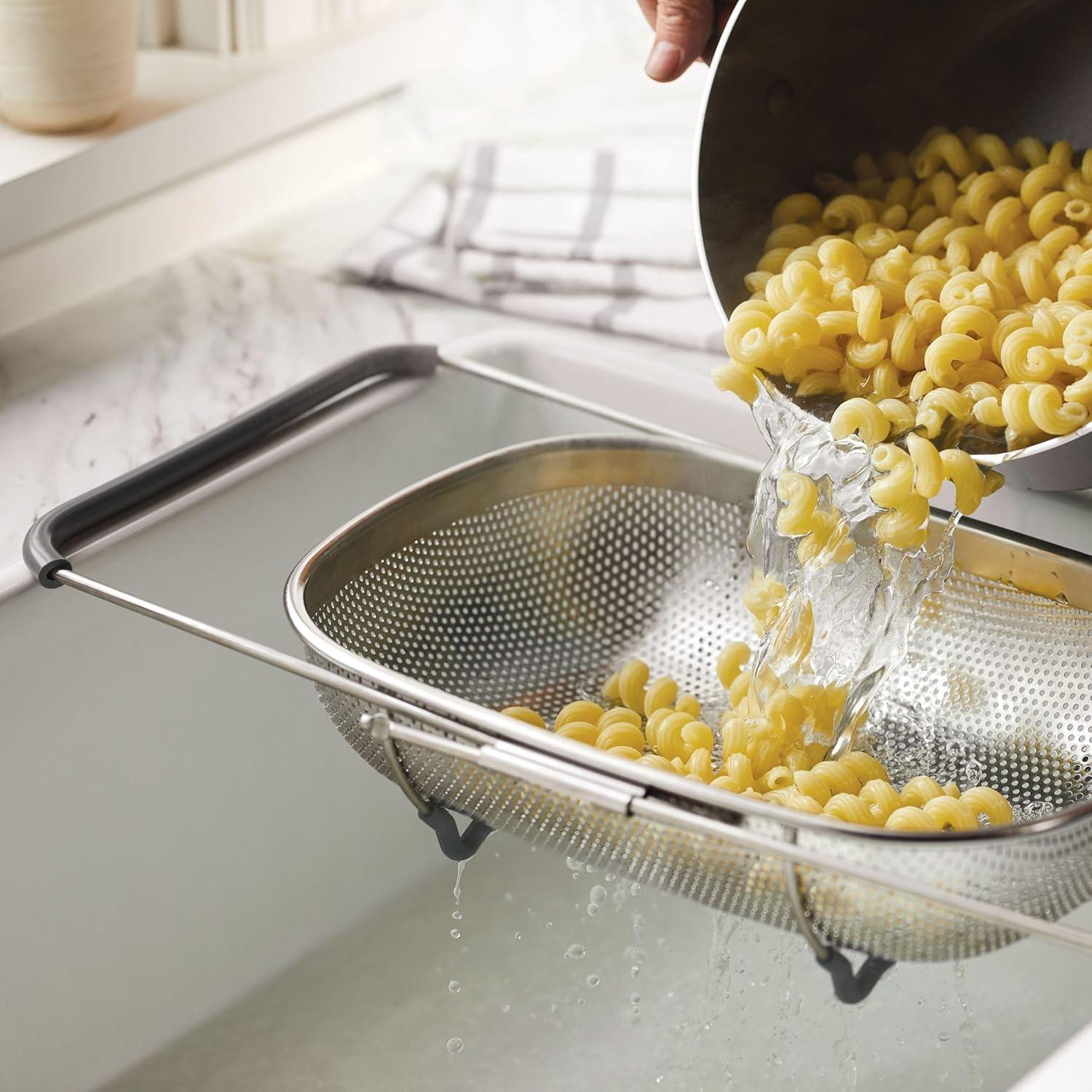 Stainless Steel Over-The-Sink Colander with Gray Handles