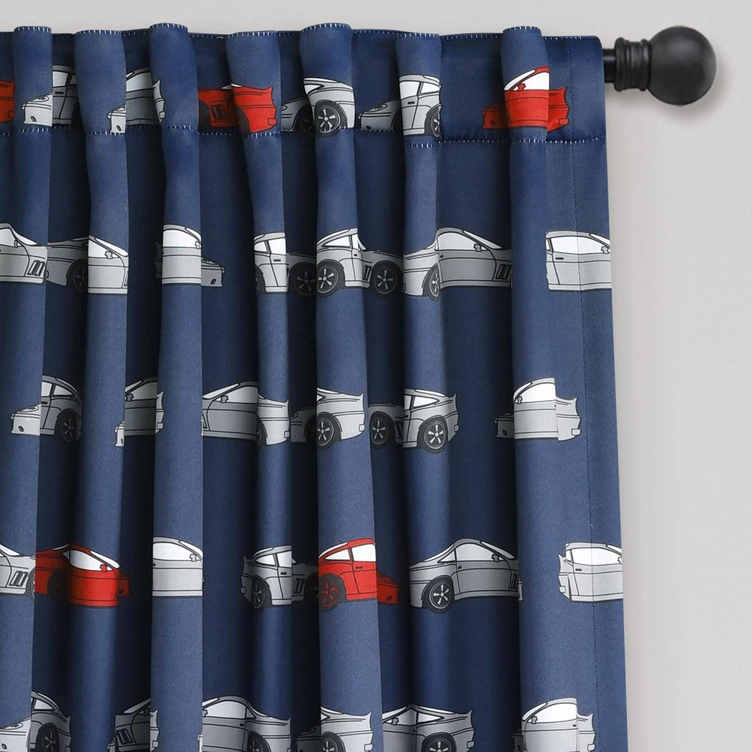 Kids' Race Cars Room Darkening Window Curtain Set Navy/Red - Lush Décor