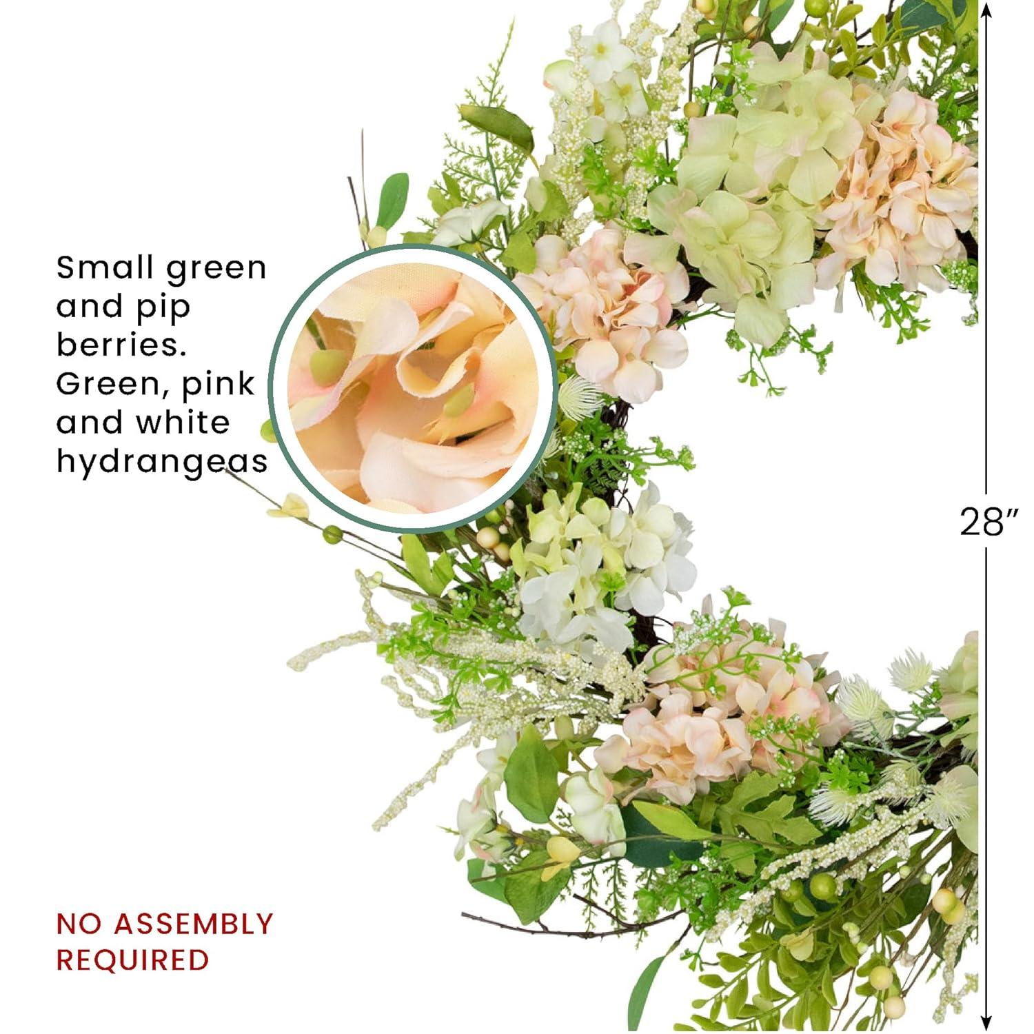 Northlight Seasonal Hydrangea and Fern Spring Floral Berry Wreath Green and Pink 28"