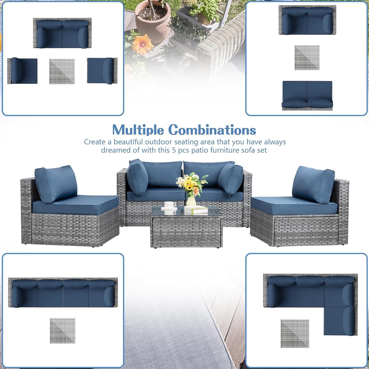 Aegean Blue and Silver 5-Piece Outdoor Sectional Sofa Set