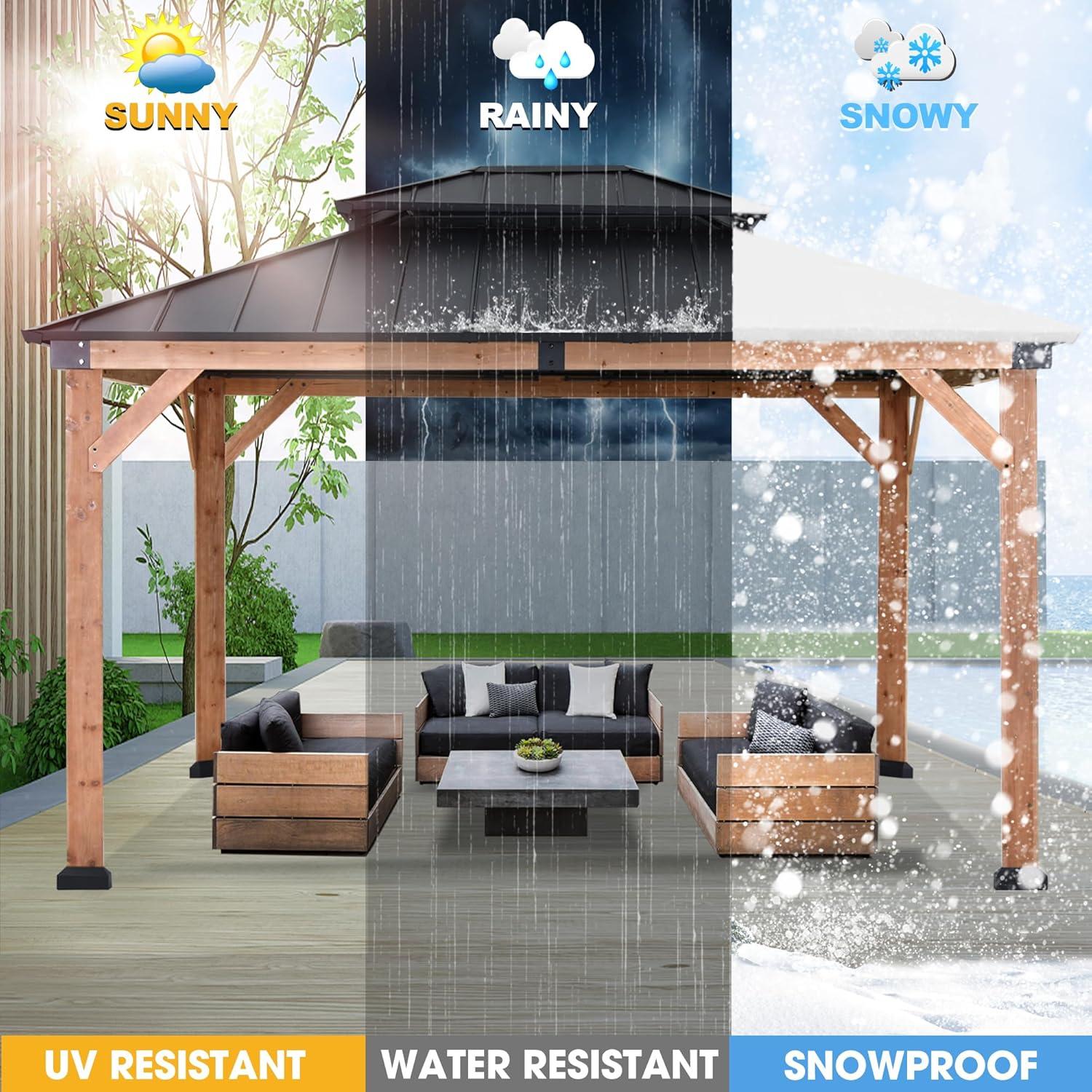 11 ft. x 13 ft. Wood Gazebo Matte Black Roof and Natural Wood Frame Gaezbos Black Double Steel Hardtop Roof