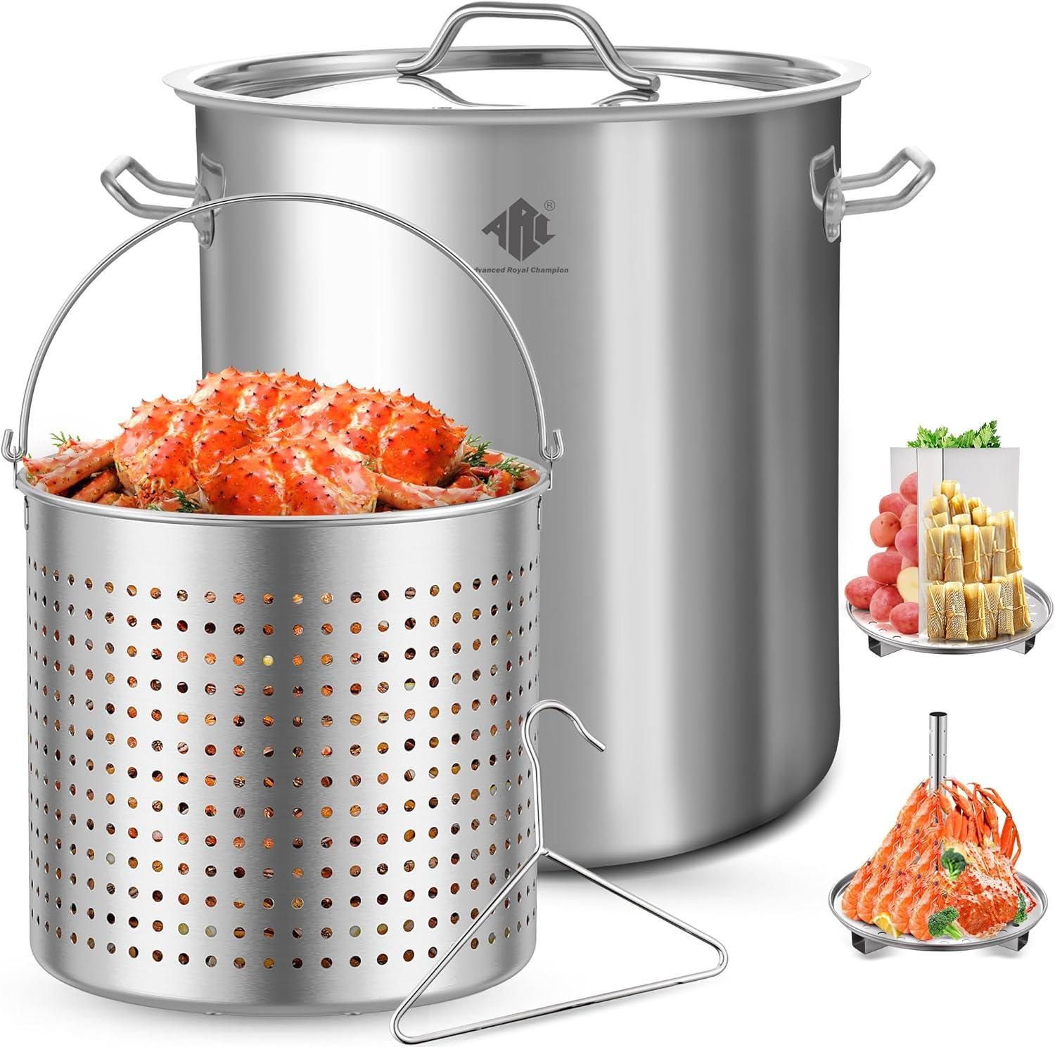 ARC USA 84QT 21 Gallon Stainless Steel Stock Pot Tamale Steamer Crawfish Seafood Turkey Fryer Pot All in One Function with Strainer Basket, Lid,Steamer Divider and Hook