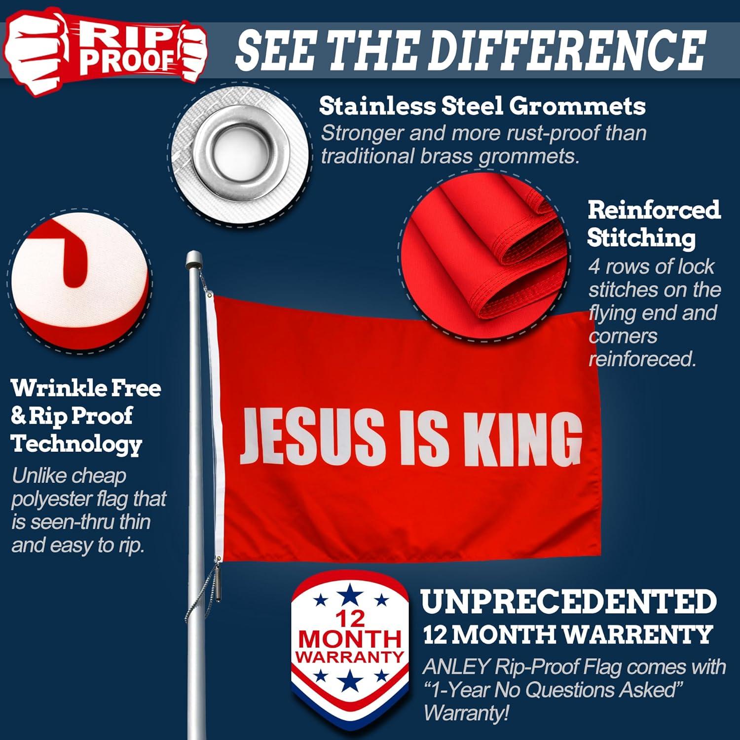 Rip-Proof Red and White Cotton Blend Jesus is King Flag 3x5 Foot