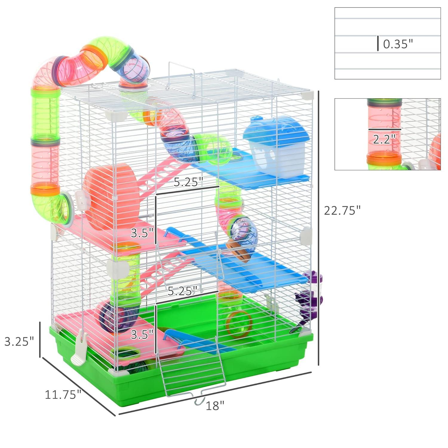 PawHut 5-Tier Hamster Cage Rodent Gerbil Habitat Habitat Metal Wire with Water Bottle, Food Dishes, Interior Ladder, Tube