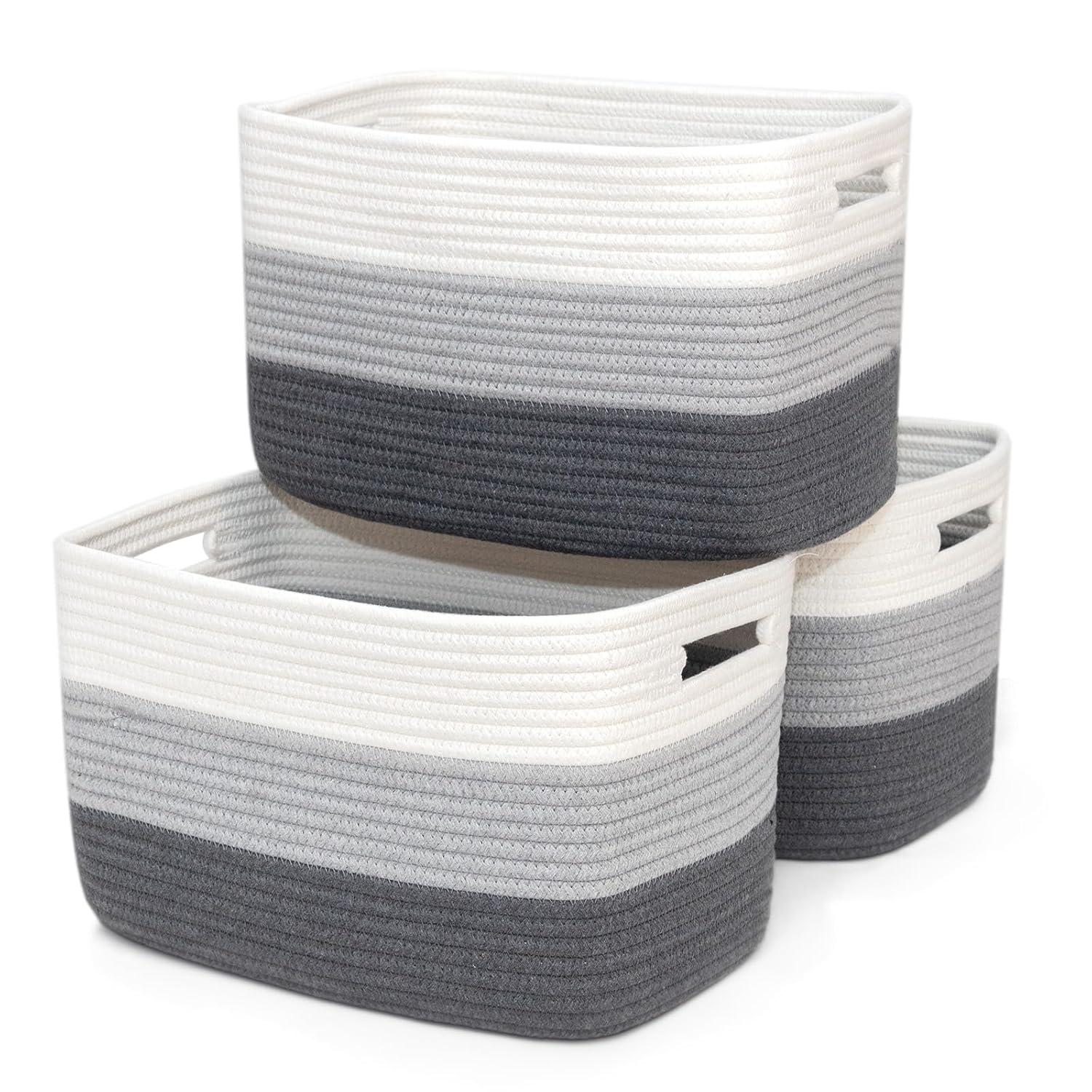 KOUROUU 3 Pack Cotton Rope Storage Basket Woven Shelf Storage Bin with Faux Leather Handles, Decorative Closet Shelf Woven Basket for Storage Organizers, 15 x 10 x 9, White/Gray