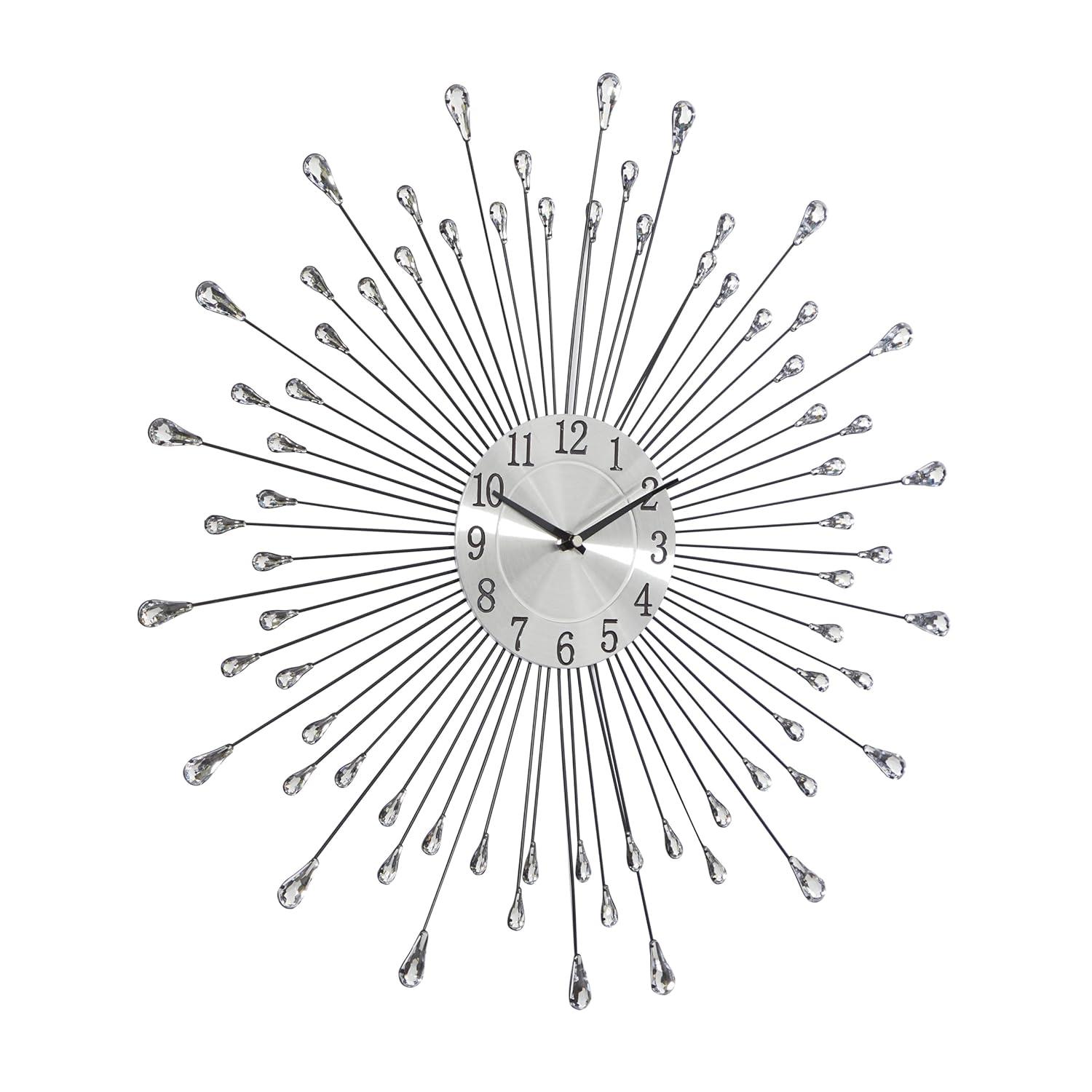 DecMode 23" Silver Metal Starburst Wall Clock with Crystal Embellishment