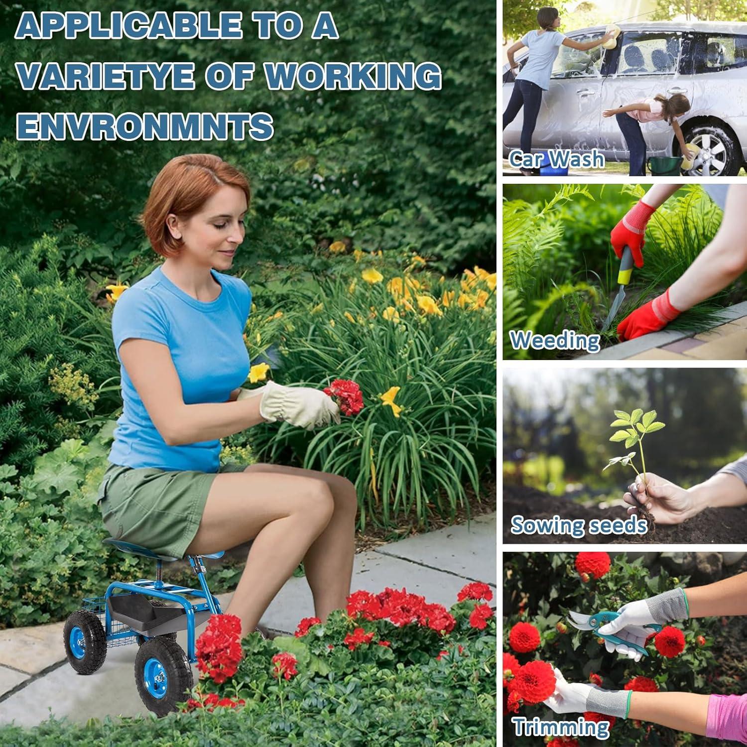 Rolling Garden Cart Scooter Stool - Garden Seat with Wheels Garden Cart with Seat, Adjustable Handle 360 Degree Swivel (Blue)