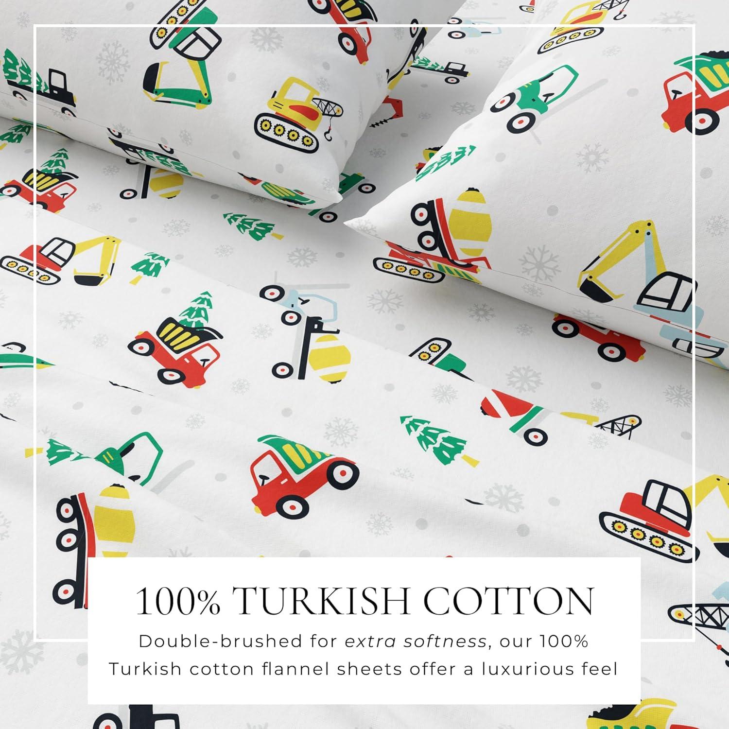 100% Cotton Christmas Flannel Sheets - Great Bay Home (Twin, Christmas Toy Trucks)