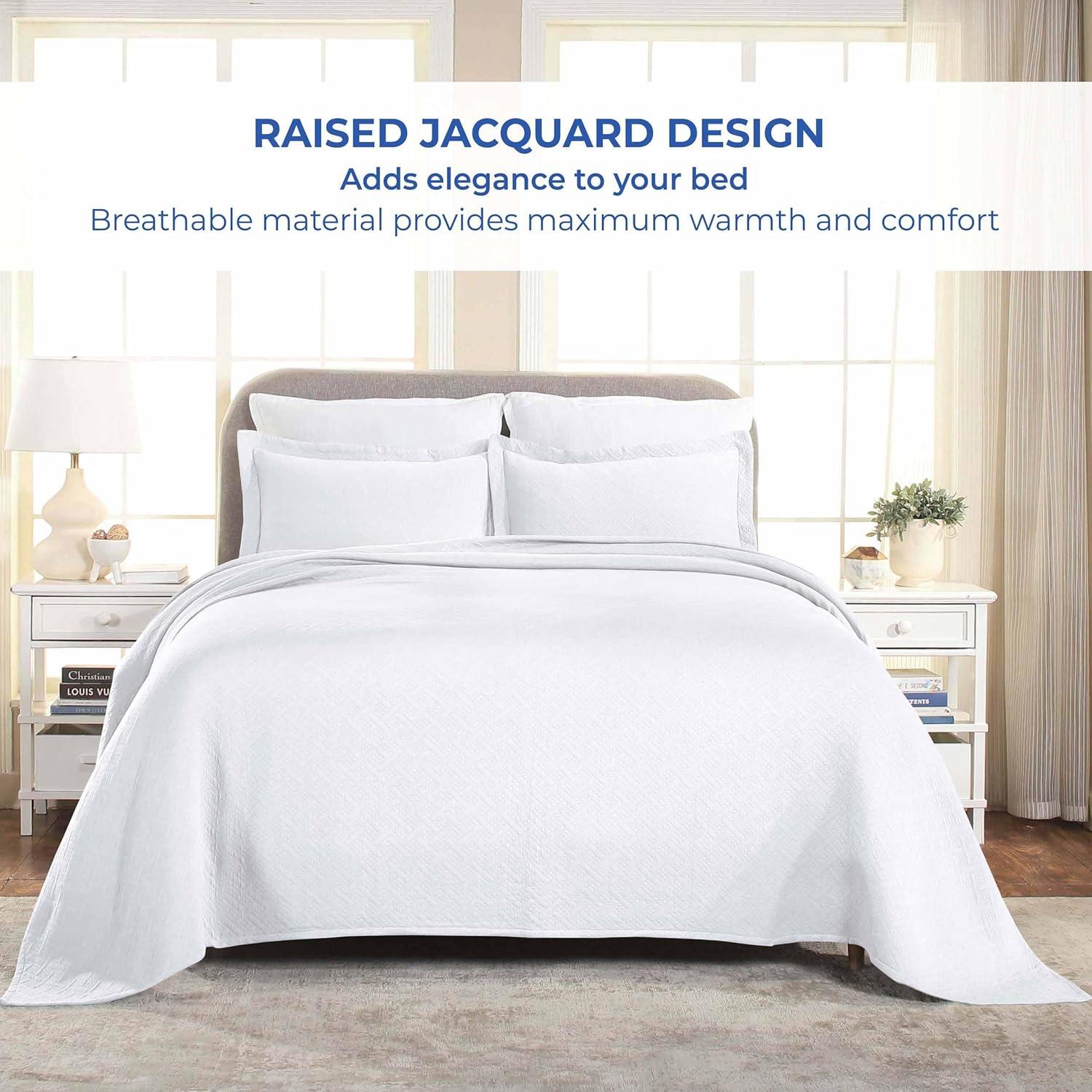 Superior 100% Cotton Basket Weave Bedspread 3 Piece Set, Full, White