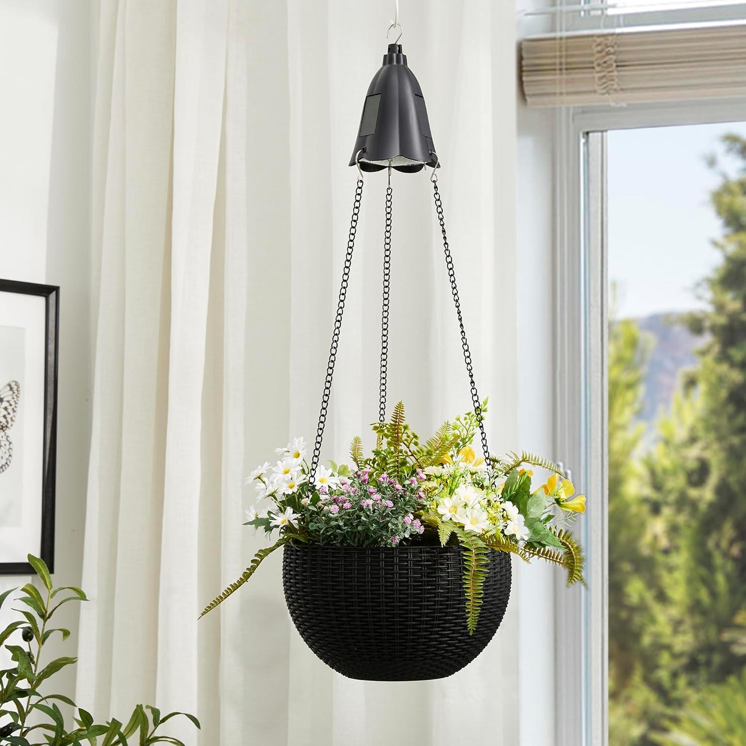 Solar Lighted Contemporary Black Plastic Hanging Planter 30"H