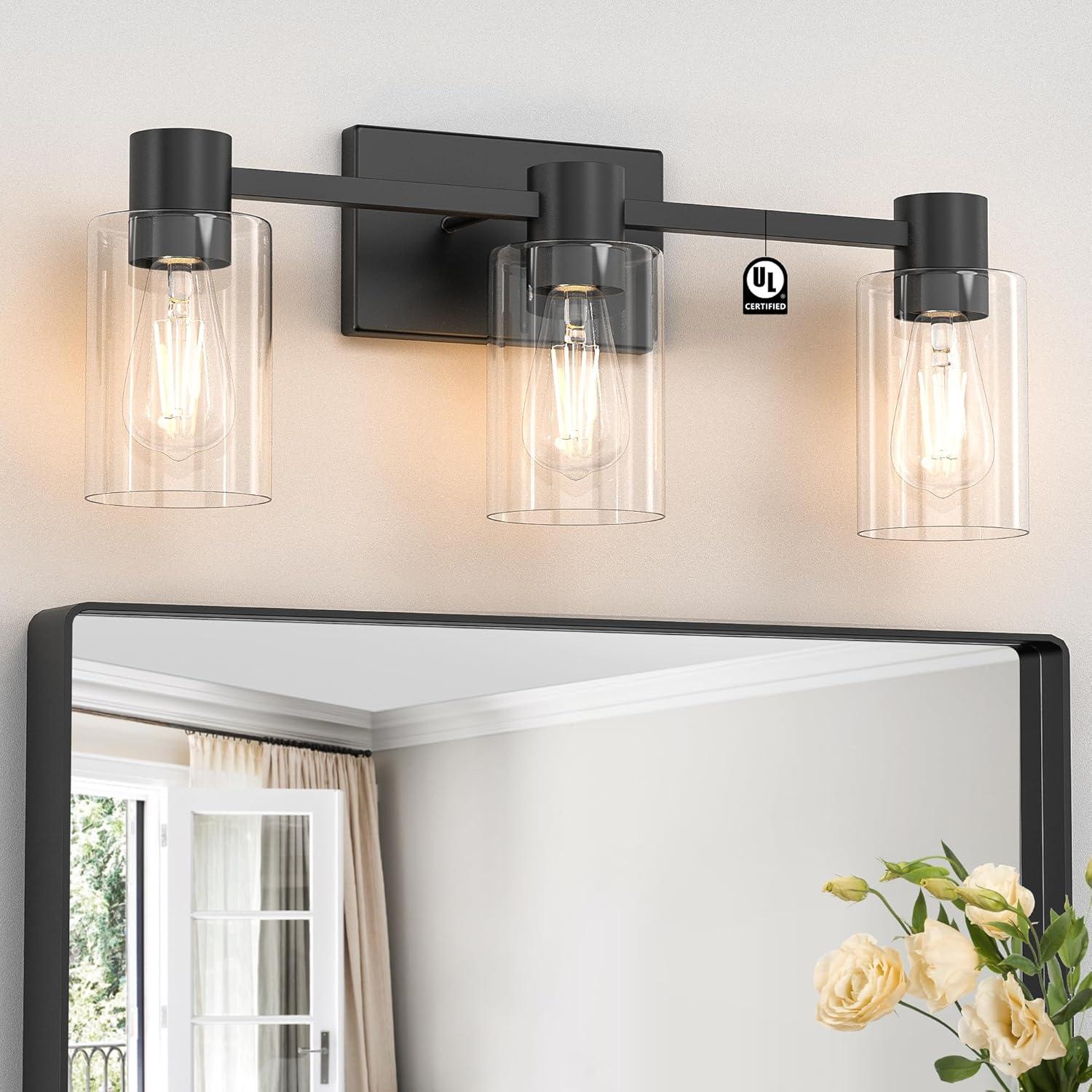 3-Light Bathroom Light Fixtures Bathroom Vanity Lights with Clear Glass Shades Matte Black Bathroom Light Fixtures over mirror for Mirror Living Room Cabinet Bedroom Porch