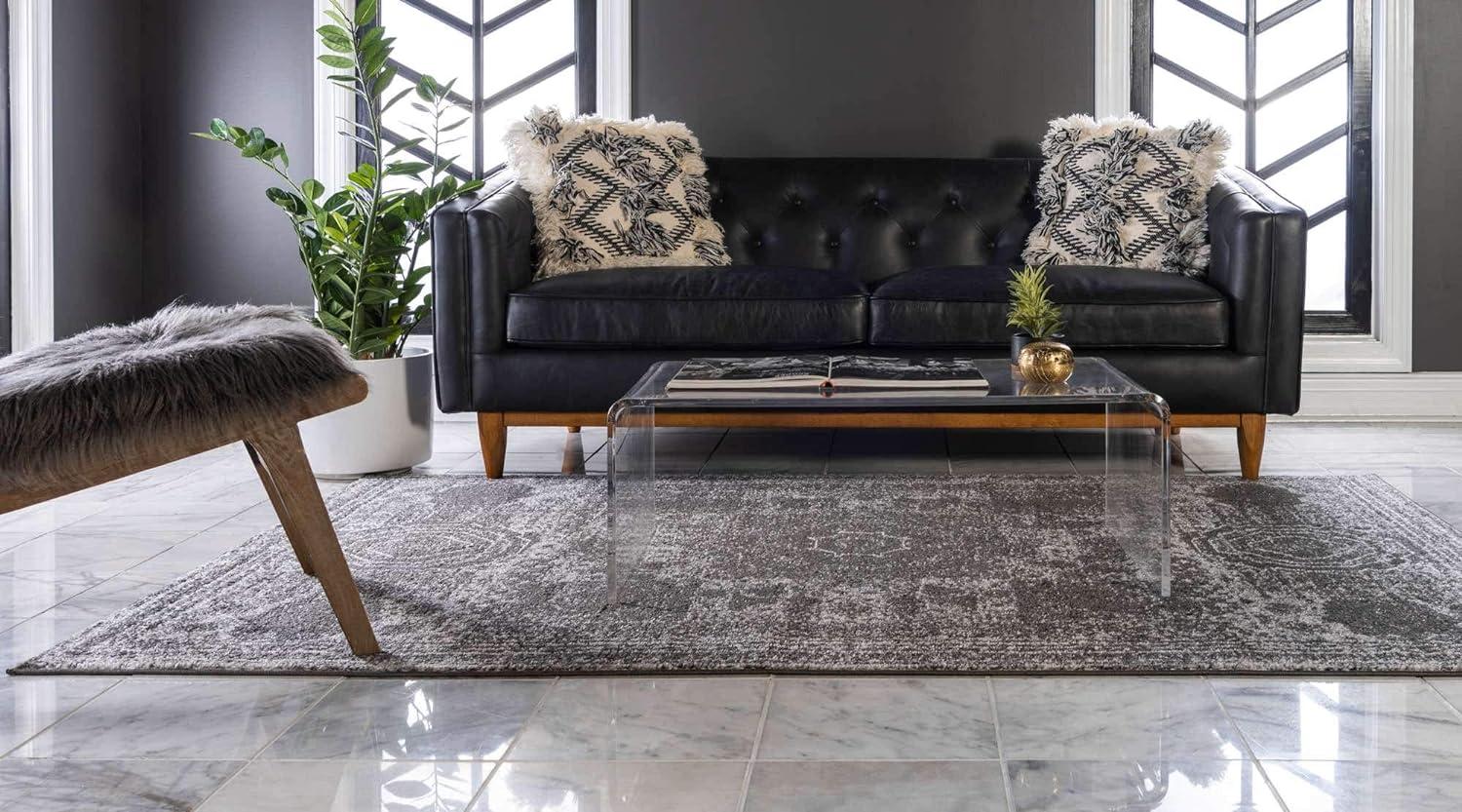 Dark Gray Rectangular Synthetic Low Pile Area Rug