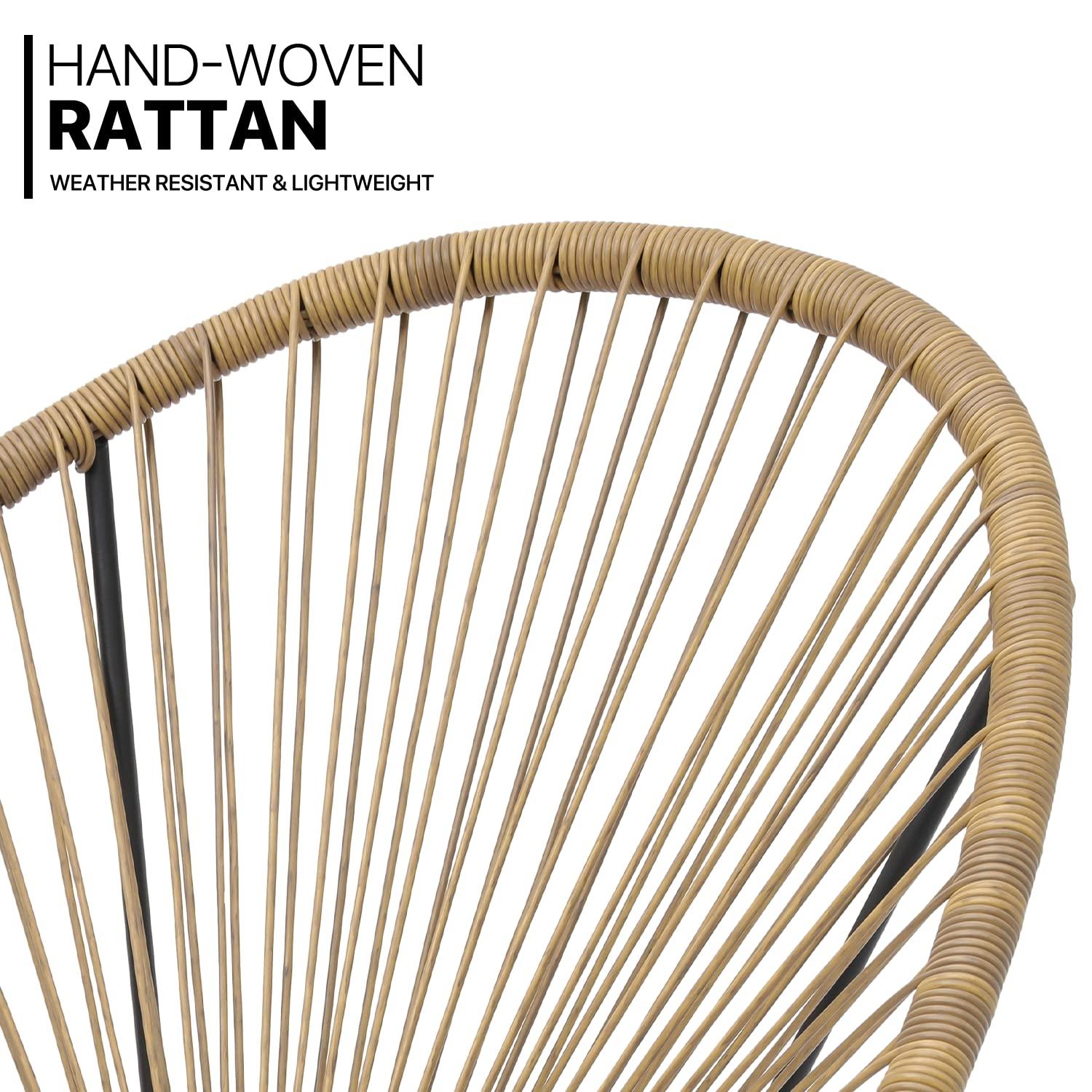 MoNiBloom 3 Pieces Outdoor Patio Furniture Rattan Wicker Table and Chairs Set, Conversation Bistro Set with Tempered Glass Tabletop for Porch Balcony Backyard Pool, Natural