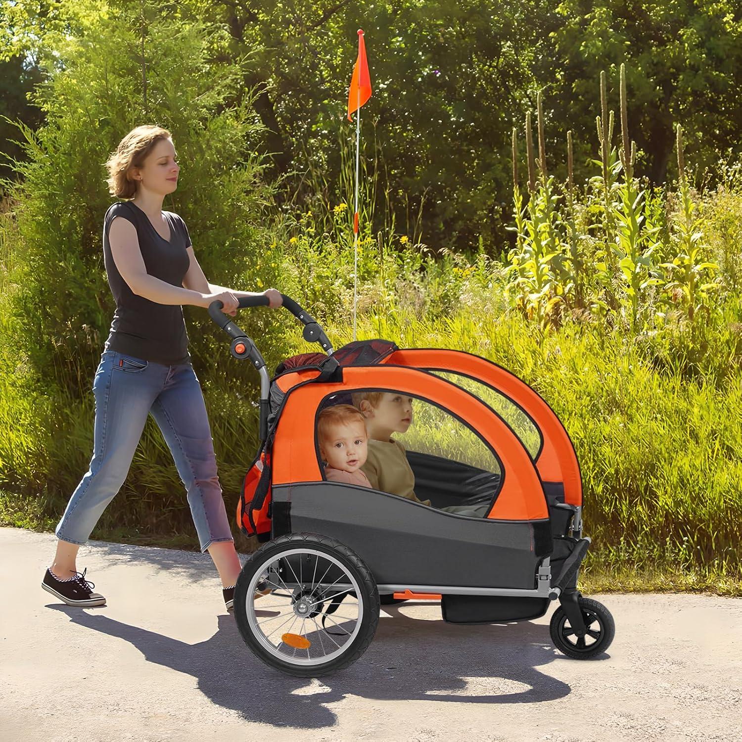 Orange and Black 2-Seat Steel Frame Bike Trailer with Canopy