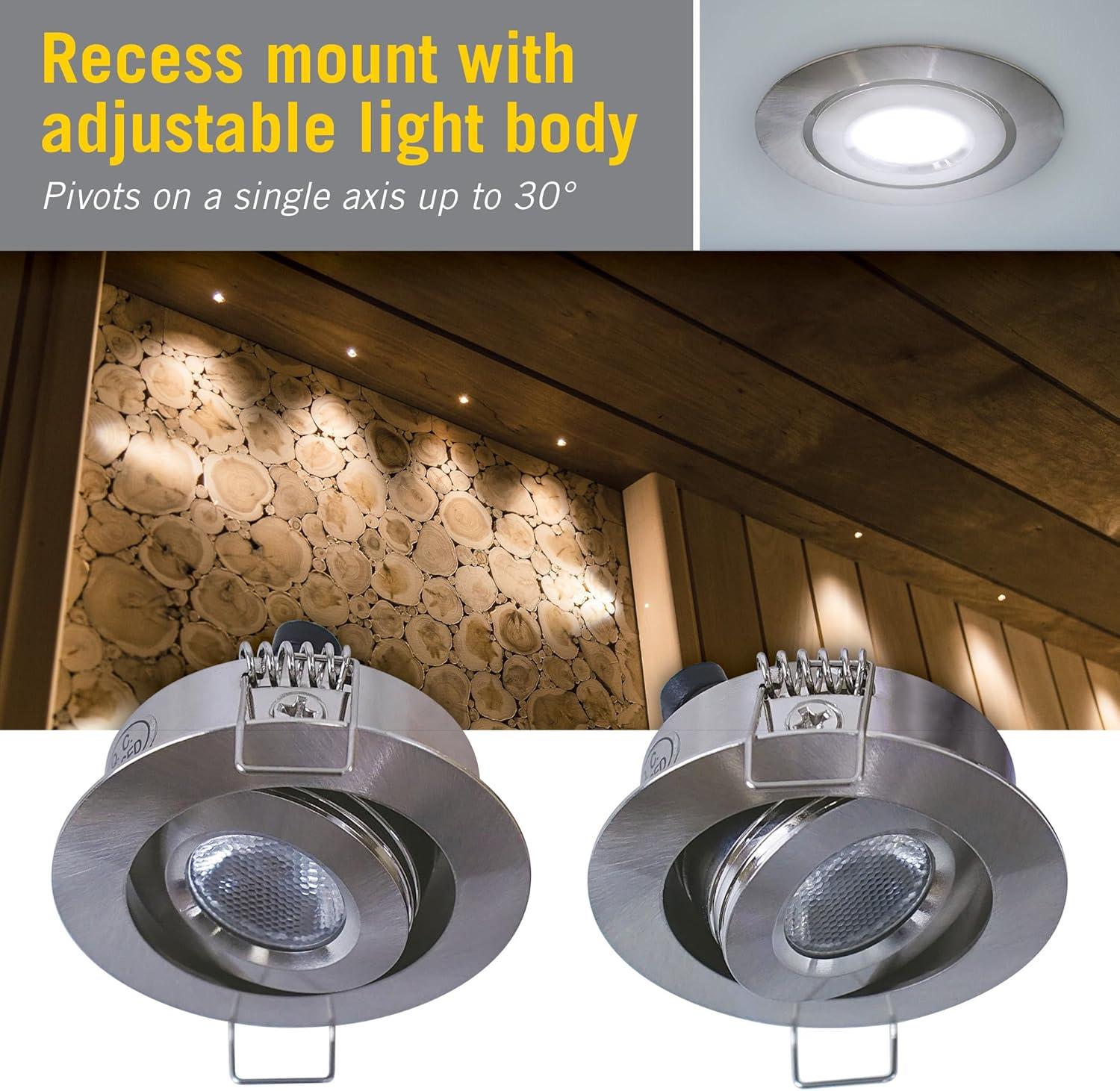 Swivel Recessed Under Cabinet LED Puck Light, 2700K, Brushed Steel Undercabinet Puck Light