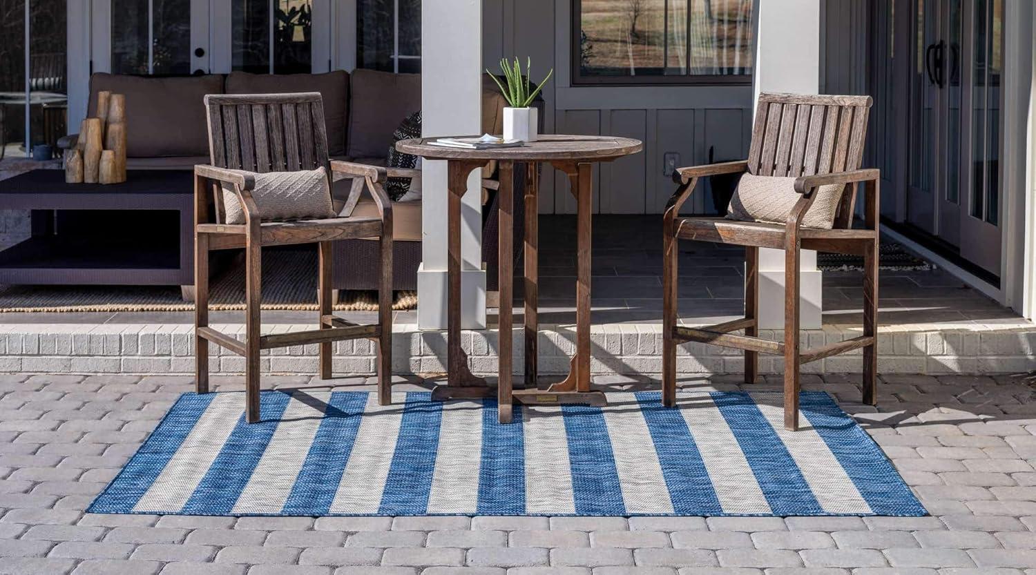 Coastal Breeze Blue and Ivory Stripe 6' x 9' Easy-Care Outdoor Rug