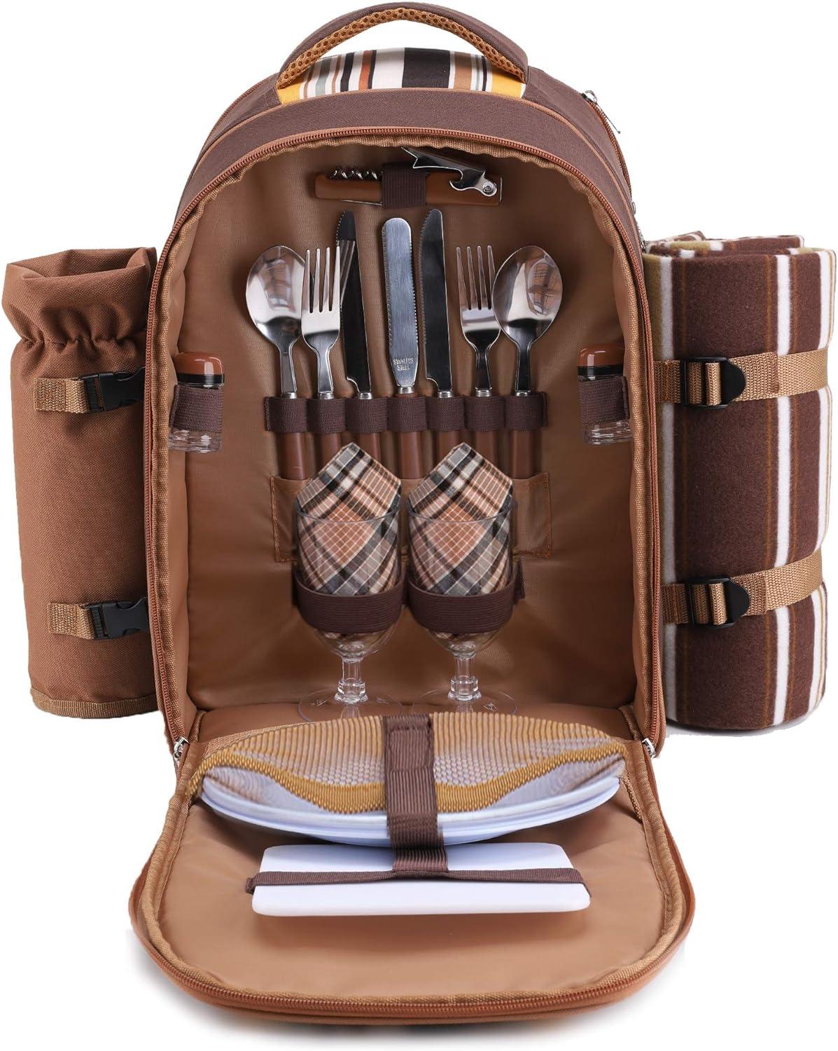 Brown Picnic Backpack for 2 with Cooler and Blanket