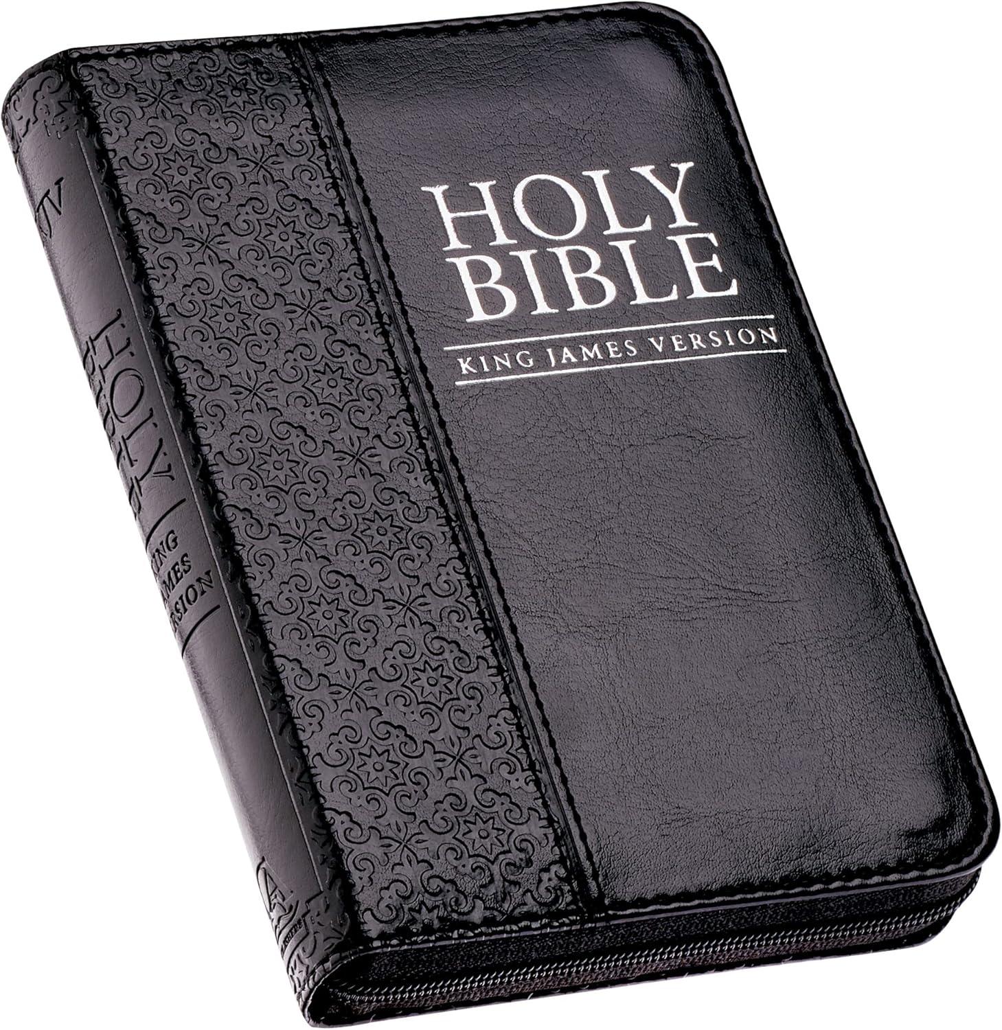 KJV Holy Bible, Mini Pocket Size, Faux Leather w/Ribbon, King James Version, Black, Zipper Closure, 6.2" x 4.3"