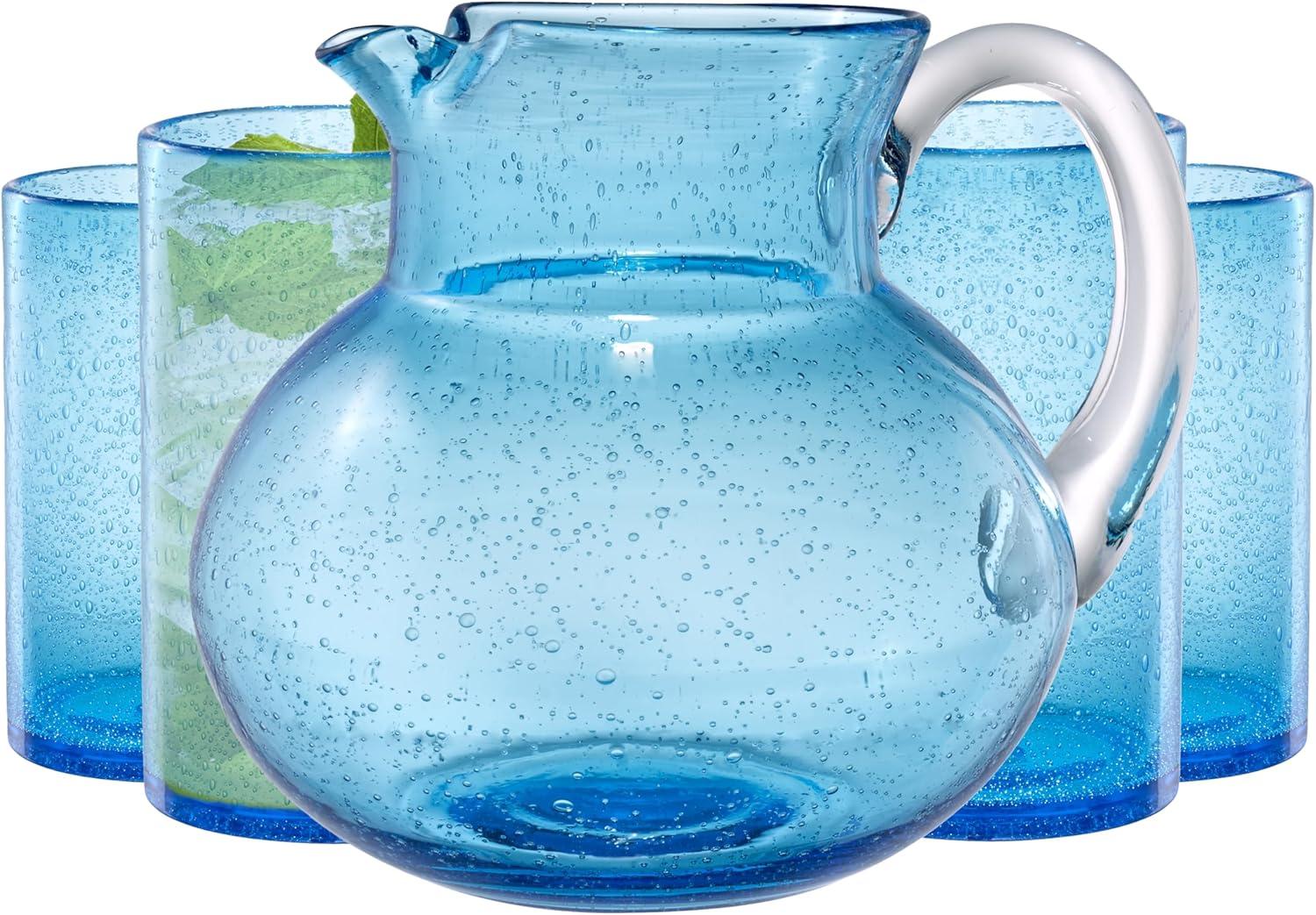 Artland Iris 90oz Hand Blown Pitcher & Set of 4 17oz Highball Glasses, Unique Bubble Design, Lead-Free Glass for Serving Beverages - Turquoise