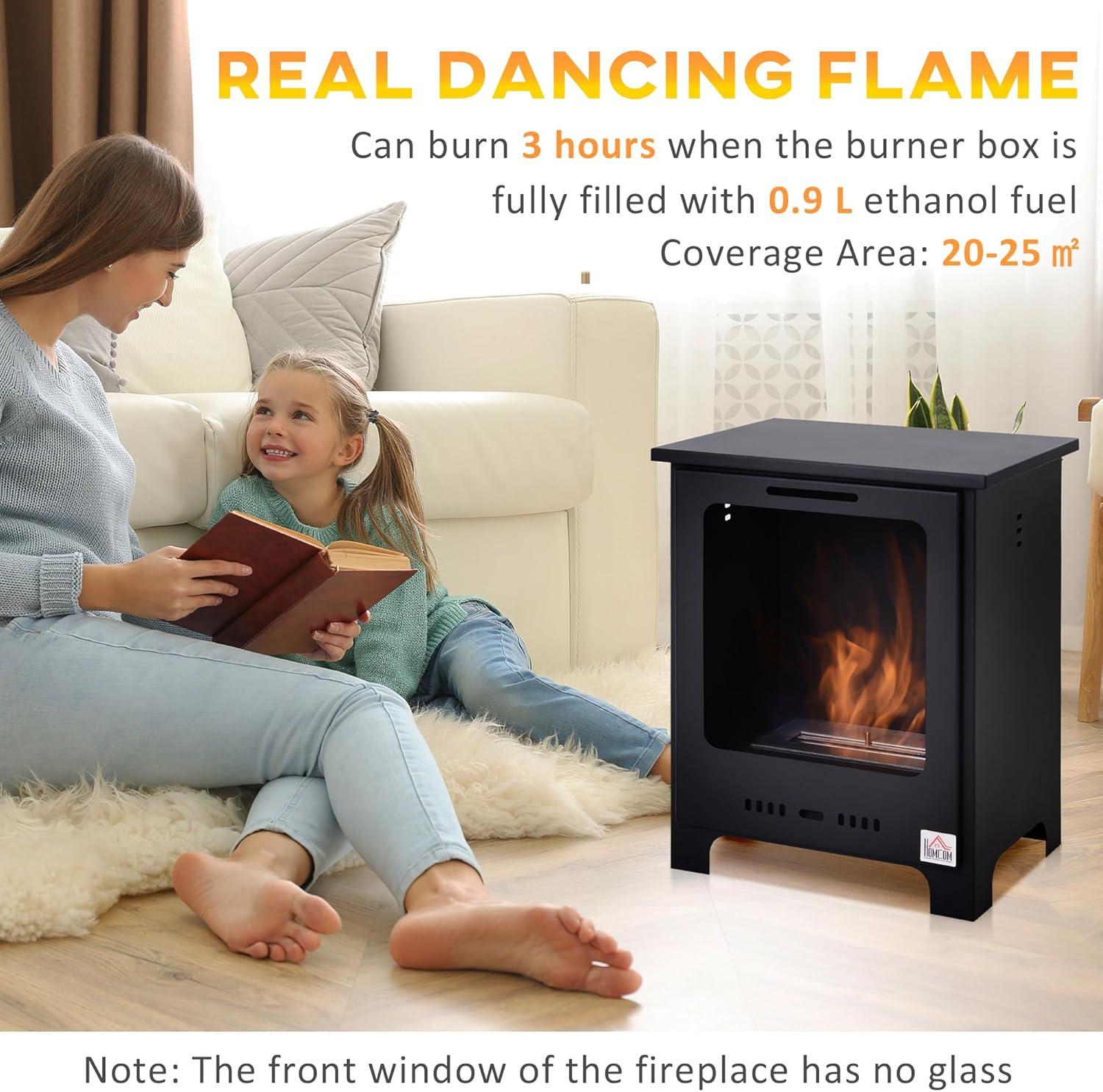 19.75" Ethanol Fireplace, Freestanding Alcohol Fireplace Stove with 0.25 Gal Tank Capacity, Flame Snuffer - Black