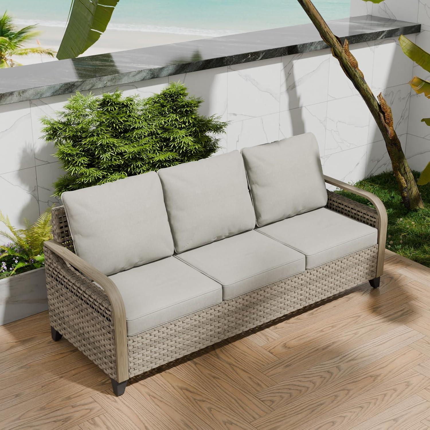 INTER HUT Modern Wicker Patio Sofa, Rattan Outdoor Couch Sofa, 3 Seat Couch, Brown/Gray